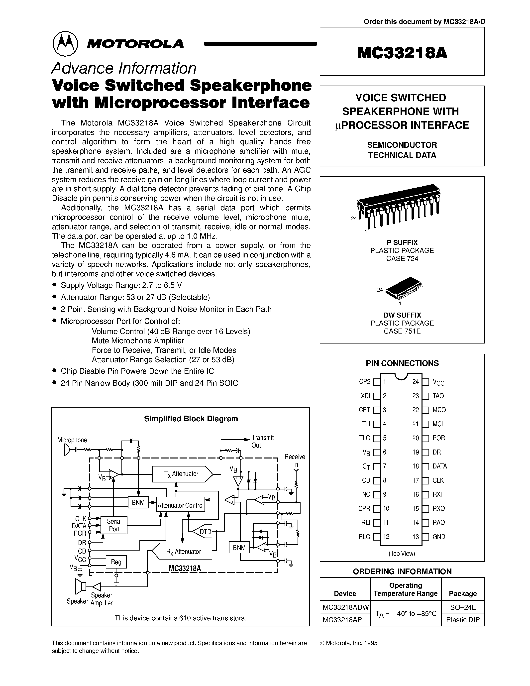 Даташит MC33218A - VOICE SWITCHED SPEAKERPHONE страница 1