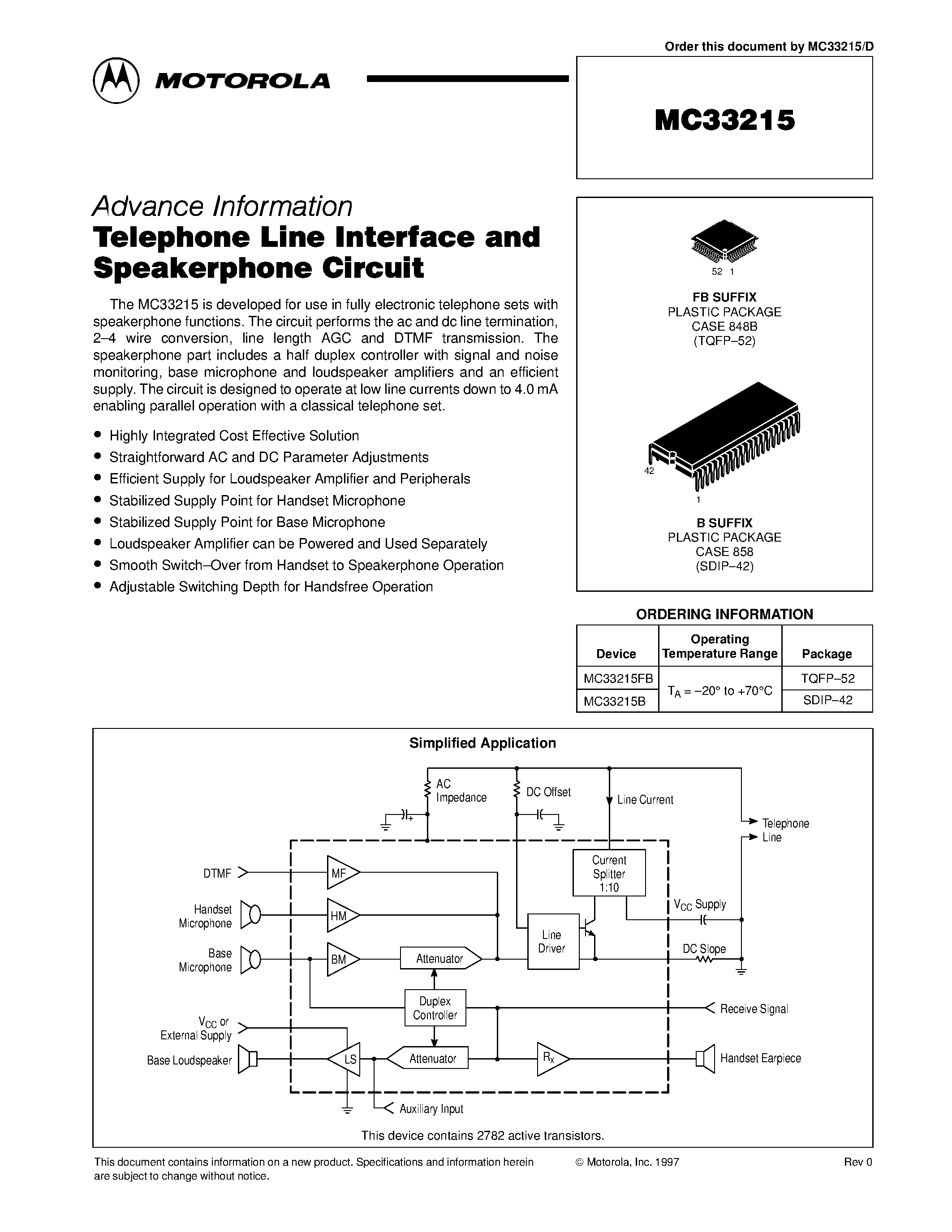 Даташит на микросхему MC33215 страница 1 Даташит MC33215 - Telephone Line Interface and Speakerphone Circuit страница 1