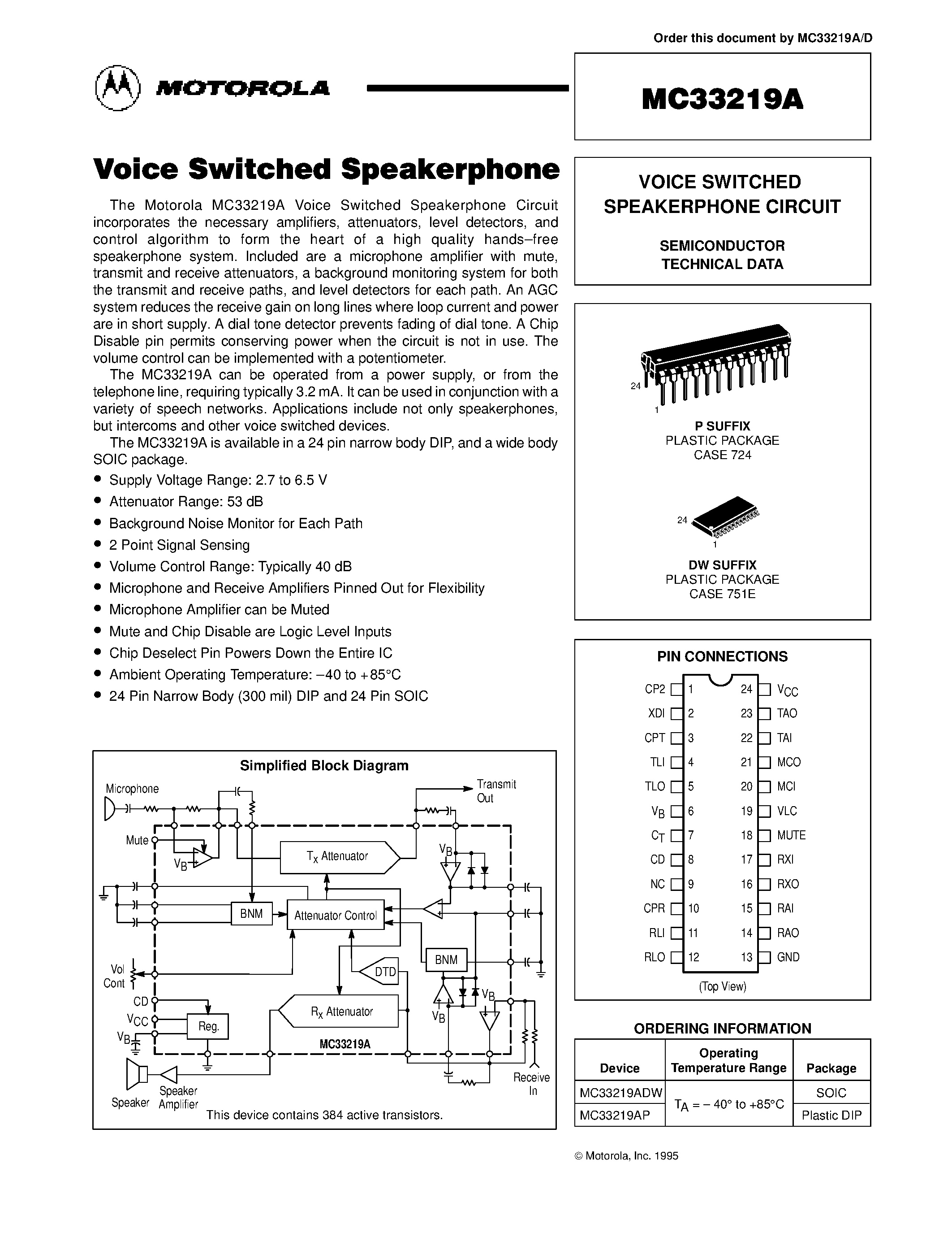 Даташит MC33219A - VOICE SWITCHED SPEAKERPHONE CIRCUIT страница 1
