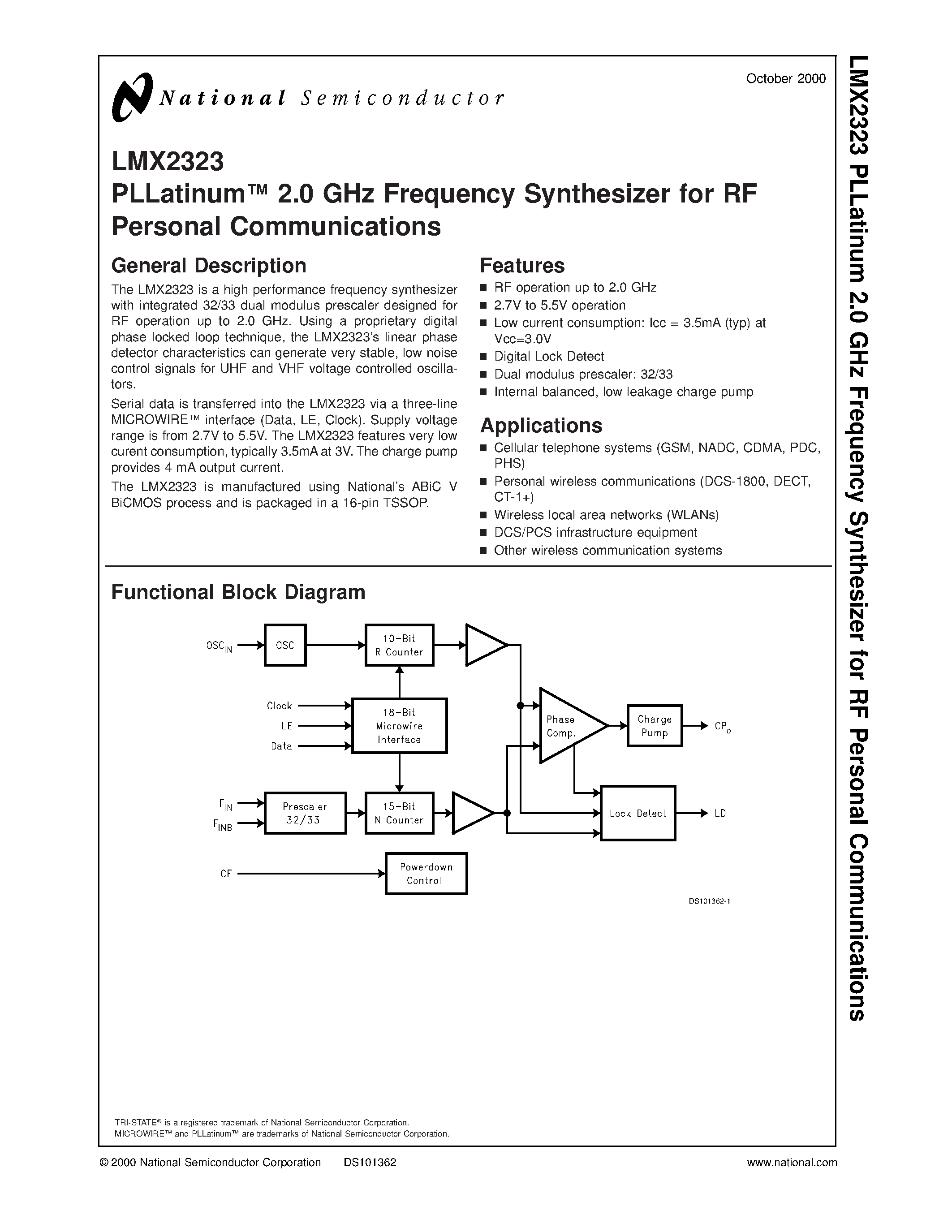 Datasheet LMX2323 - PLLatinum? 2.0 GHz Frequency Synthesizer for RF Personal Communications page 1
