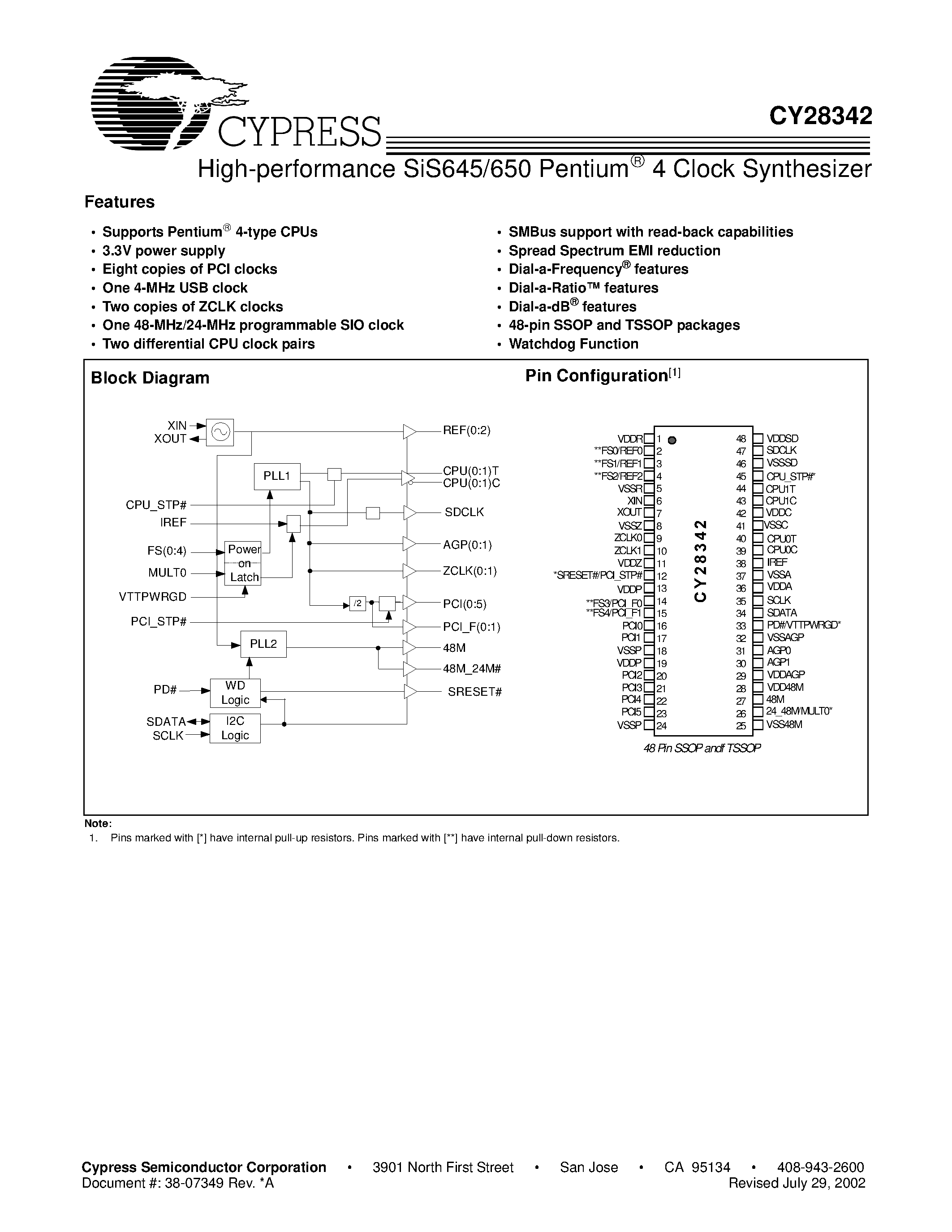 Datasheet CY28342 - High-performance SiS645/650 Pentium 4 Clock Synthesizer page 1