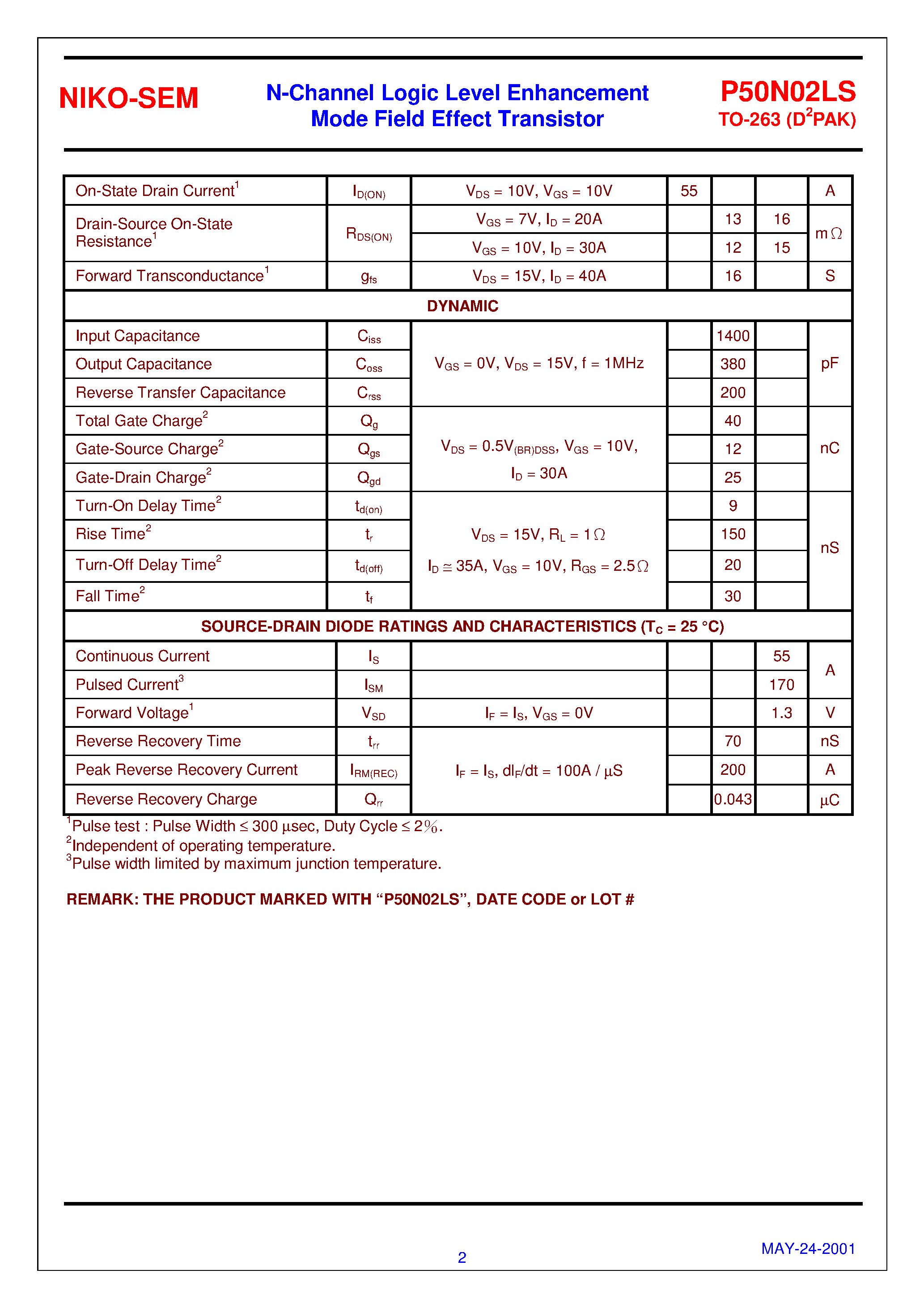 Datasheet P50N02LS - N-Channel Logic Level Enhancement Mode Field Effect Transistor page 2