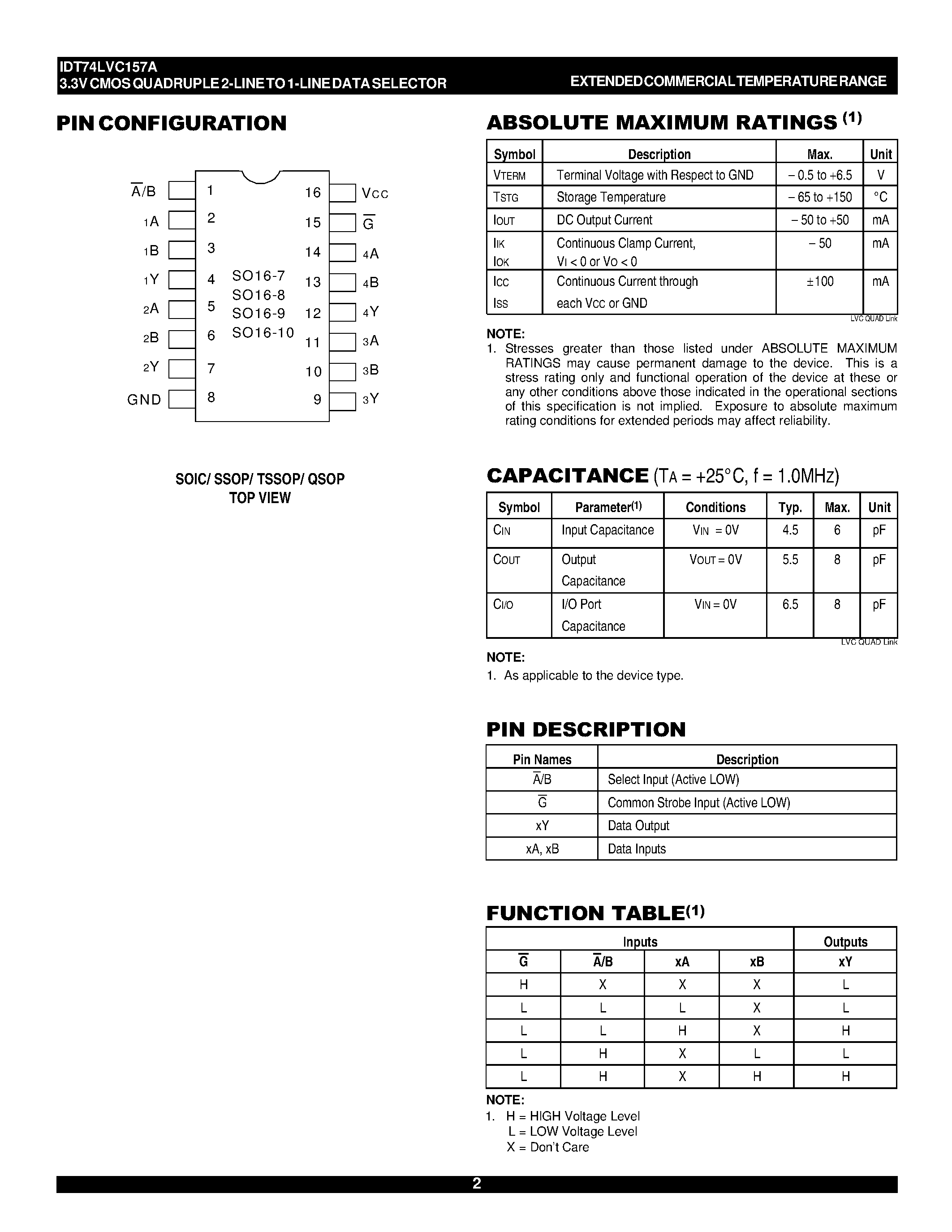 Даташит IDT74LVC157A - 3.3V CMOS QUAD 2-LINE TO 1-LINE DATA SELECTOR/MULTIPLEXER / 5 VOLT TOLERANT I/O страница 2