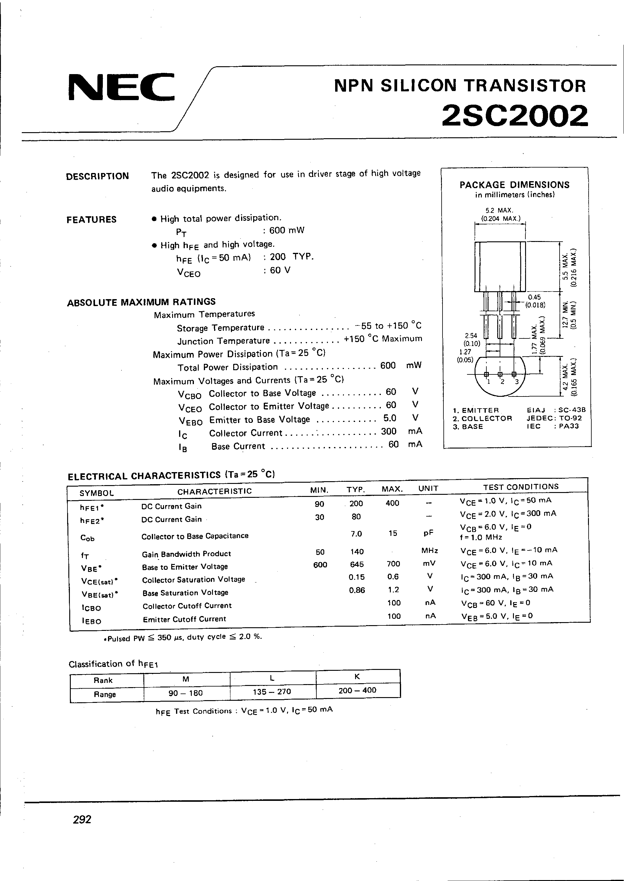 Datasheet 2SC2002 - NPN SILICON TRANSISTOR page 1