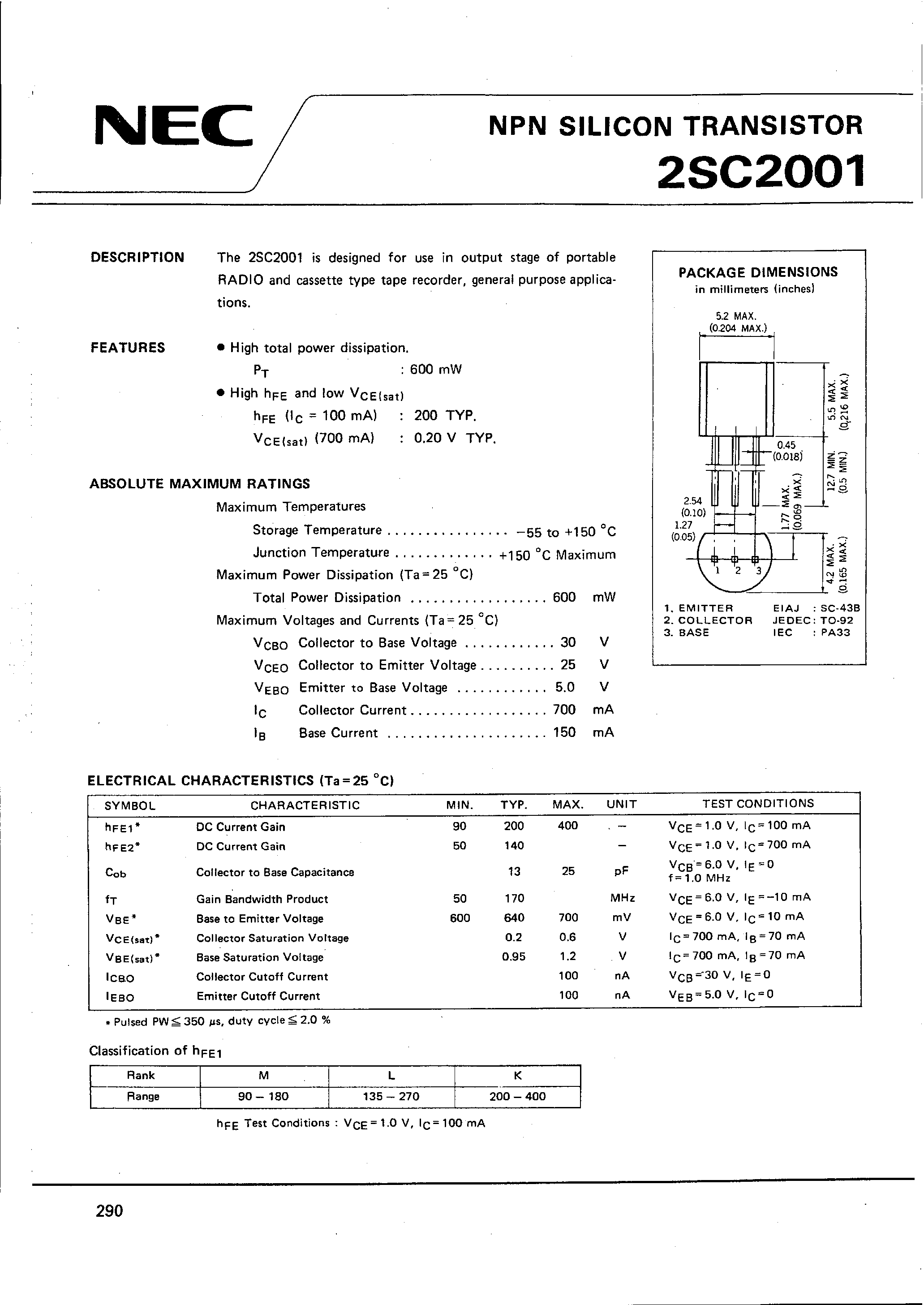 Datasheet 2SC2001 - NPN SILICON TRANSISTOR page 1