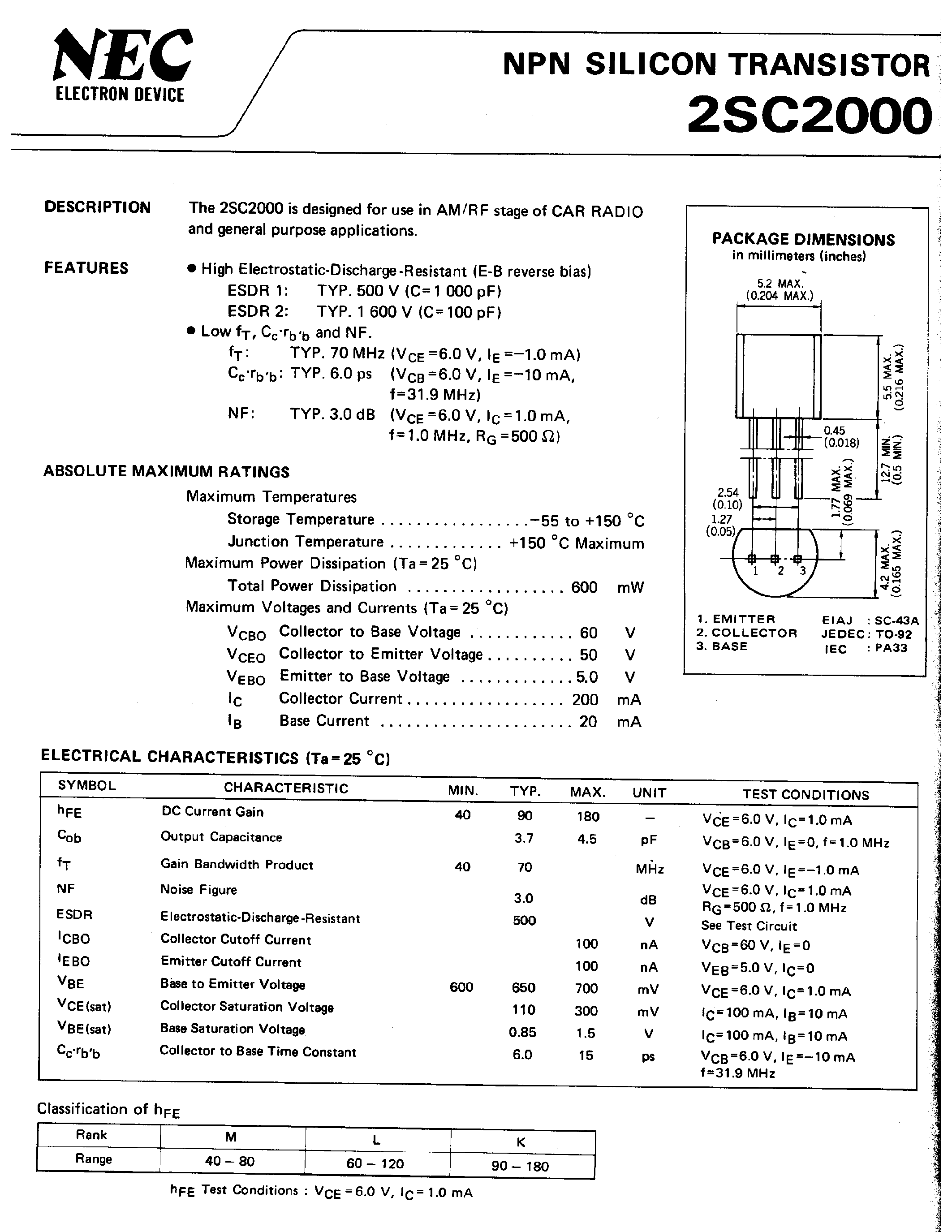 Даташит на микросхему 2SC2000 страница 1 Даташит 2SC2000 - NPN SILICON TRANSISTOR страница 1