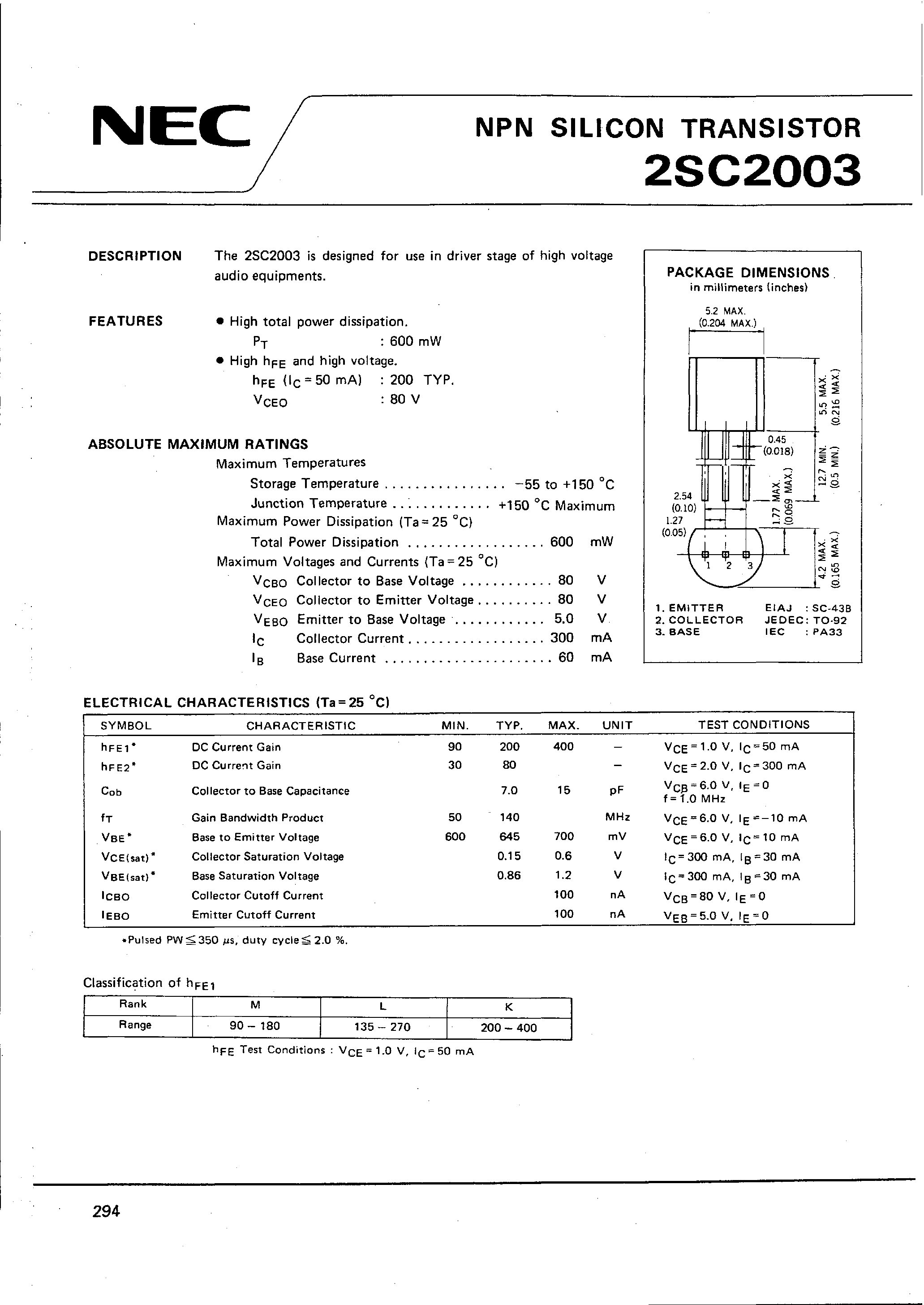 Datasheet 2SC2003 - NPN SILICON TRANSISTOR page 1