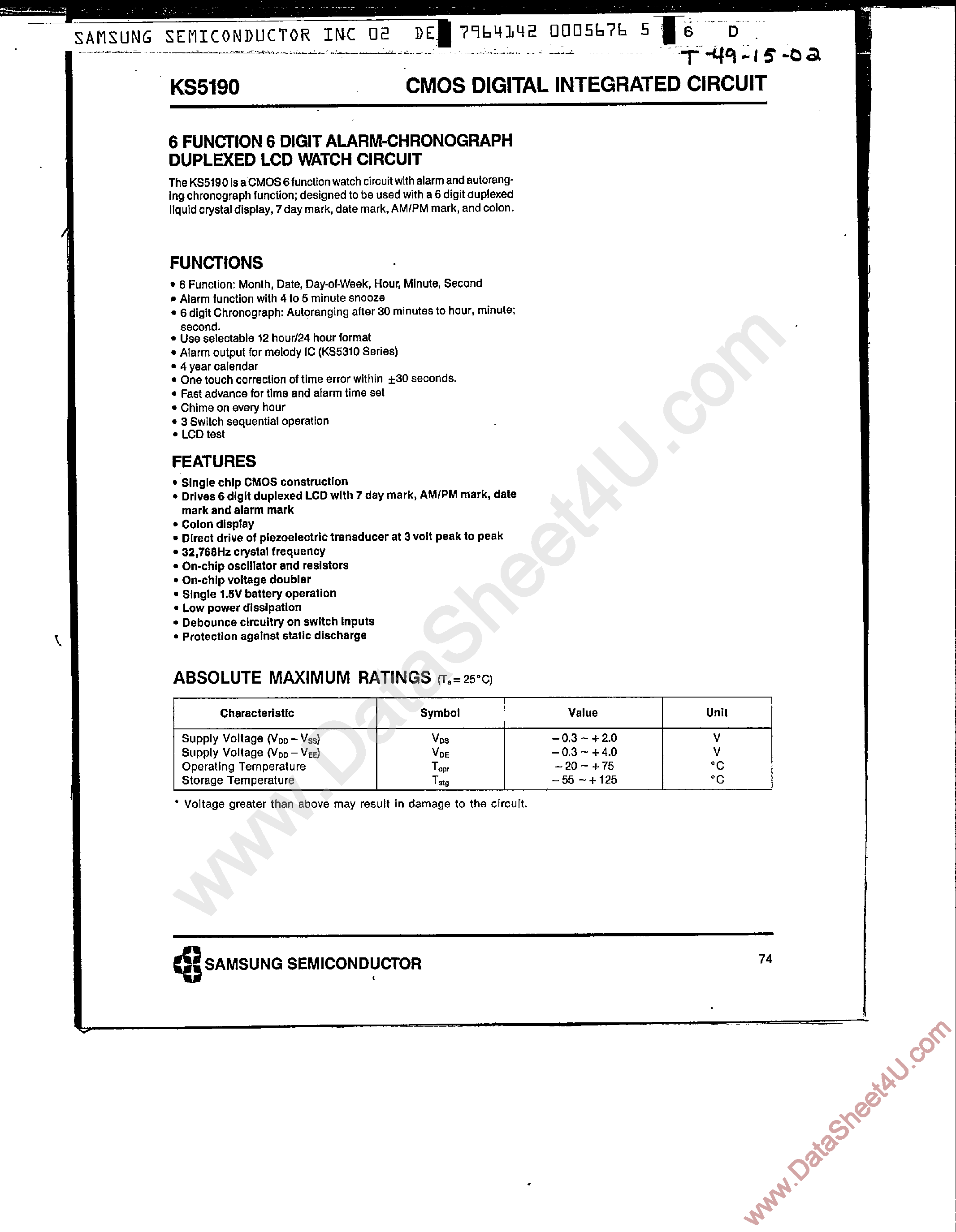 Datasheet KS5190 - 6 Function 6 Digital Alarm-Chronograph Duplexed LCD page 1