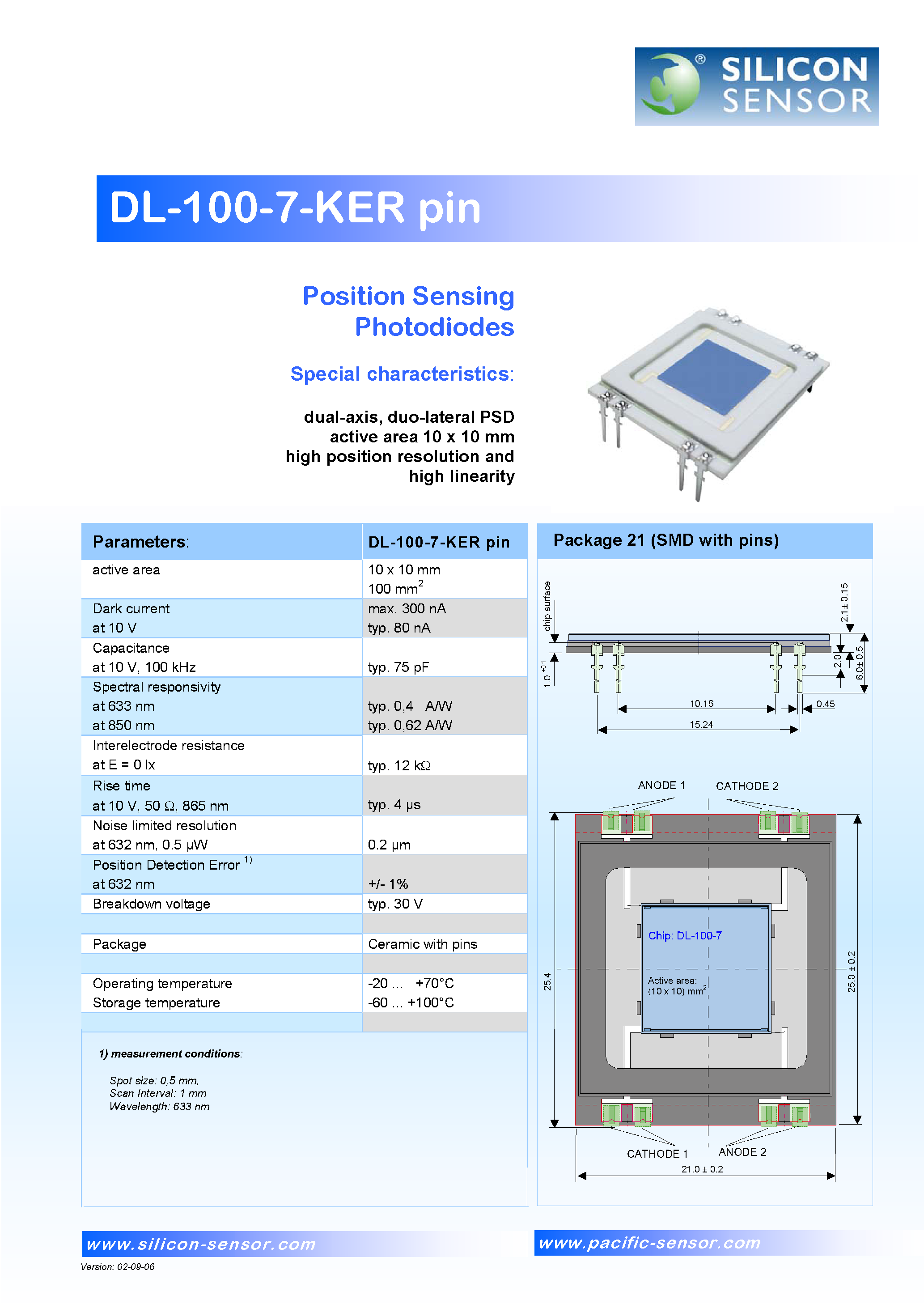 Даташит DL100-7-KER - Position Sensing Photodiodes Special characteristics страница 1