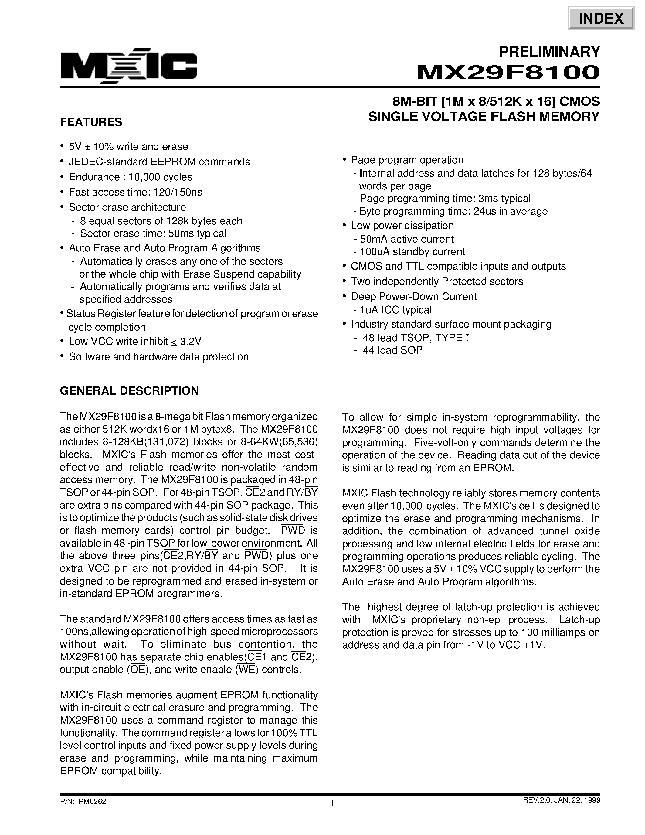 Datasheet MX29F8100 - 8M-BIT [1M x 8/512K x 16] CMOS SINGLE VOLTAGE FLASH MEMORY page 1