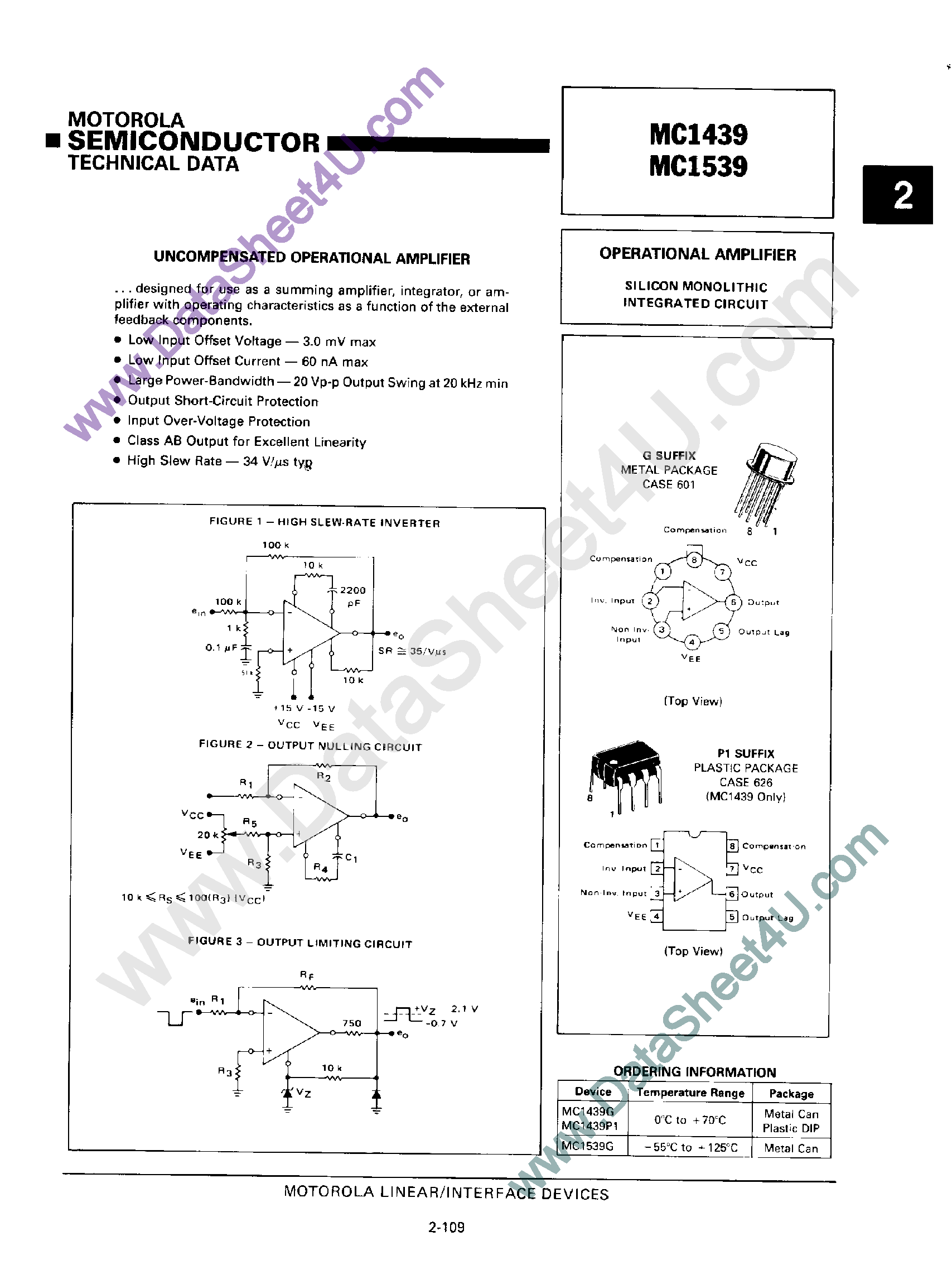 Даташит на микросхему MC1439 страница 1 Даташит MC1439 - (MC1439 / MC1539) Uncompensated Operational Amplifier страница 1
