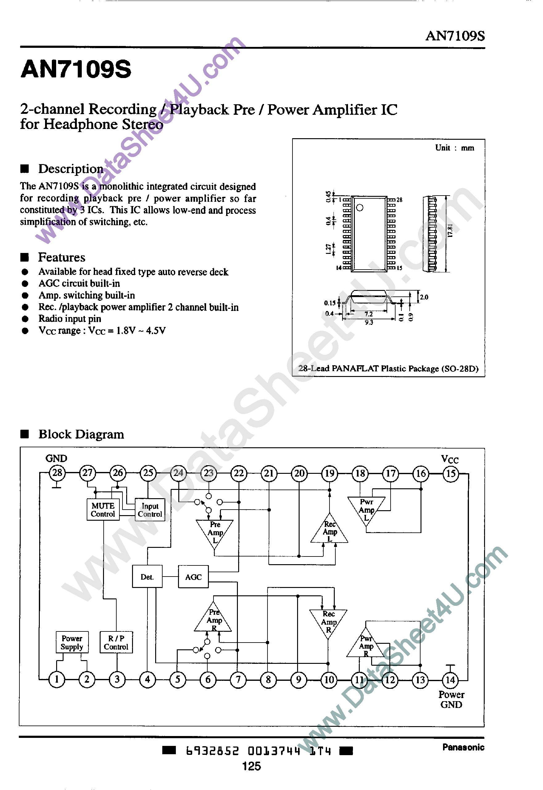 Даташит AN7109S - 2-Channel Recording / Playback Pre / Power Amplifier IC страница 1
