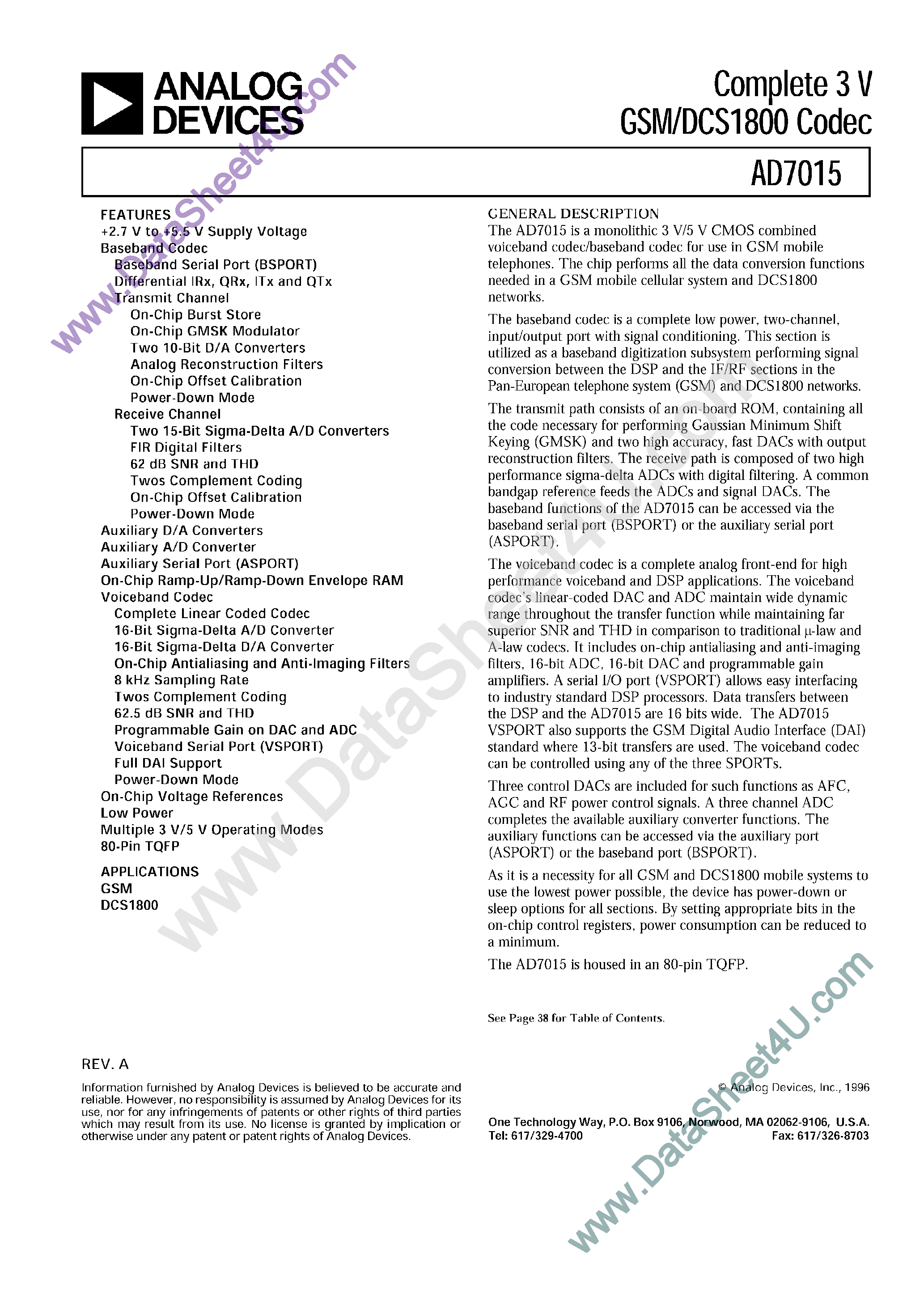 Datasheet AD7015 - BASEBAND CODEC and VOICEBAND CODEC page 1
