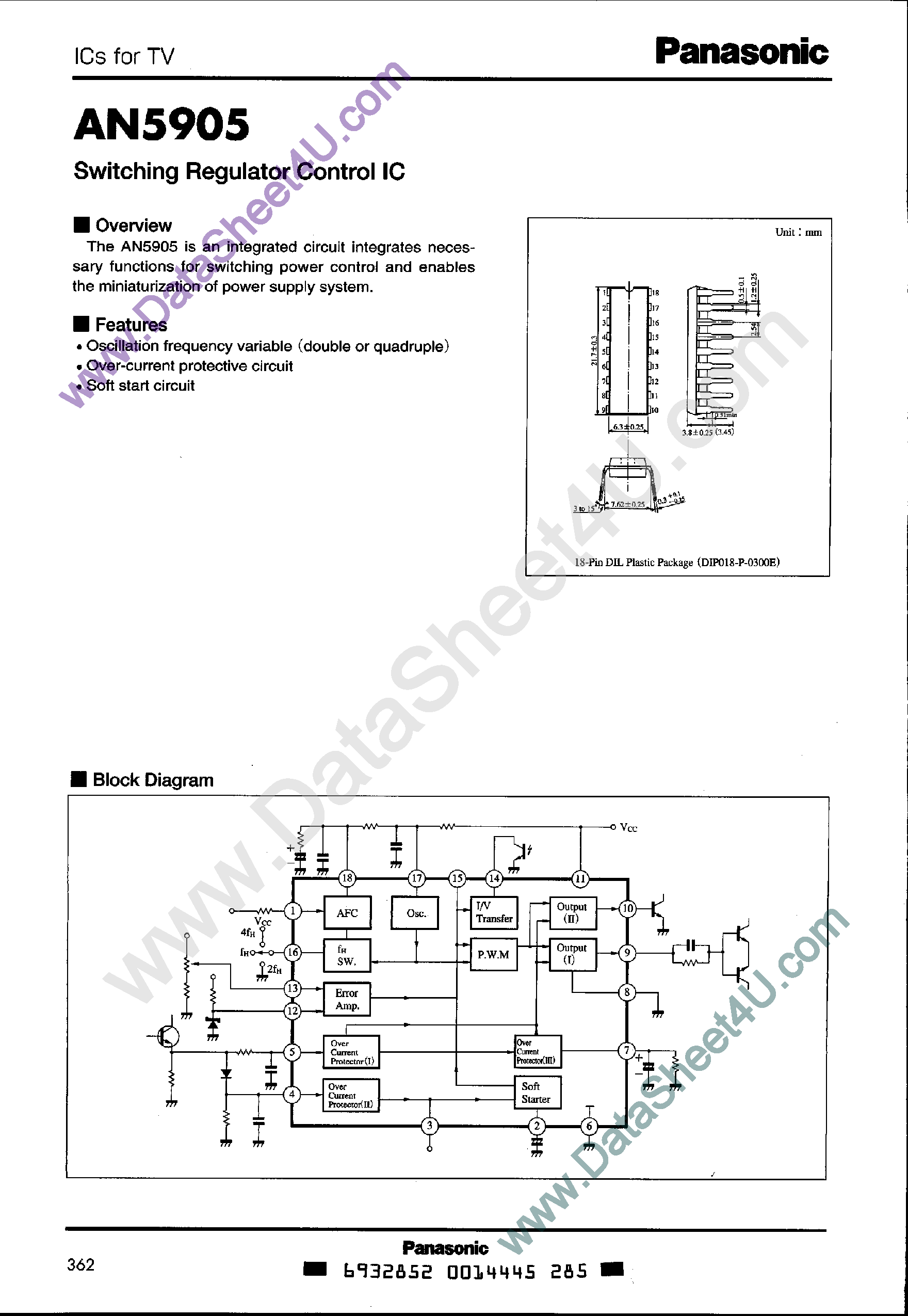 Даташит на микросхему AN5905 страница 1 Даташит AN5905 - Switching Regulator Control IC страница 1