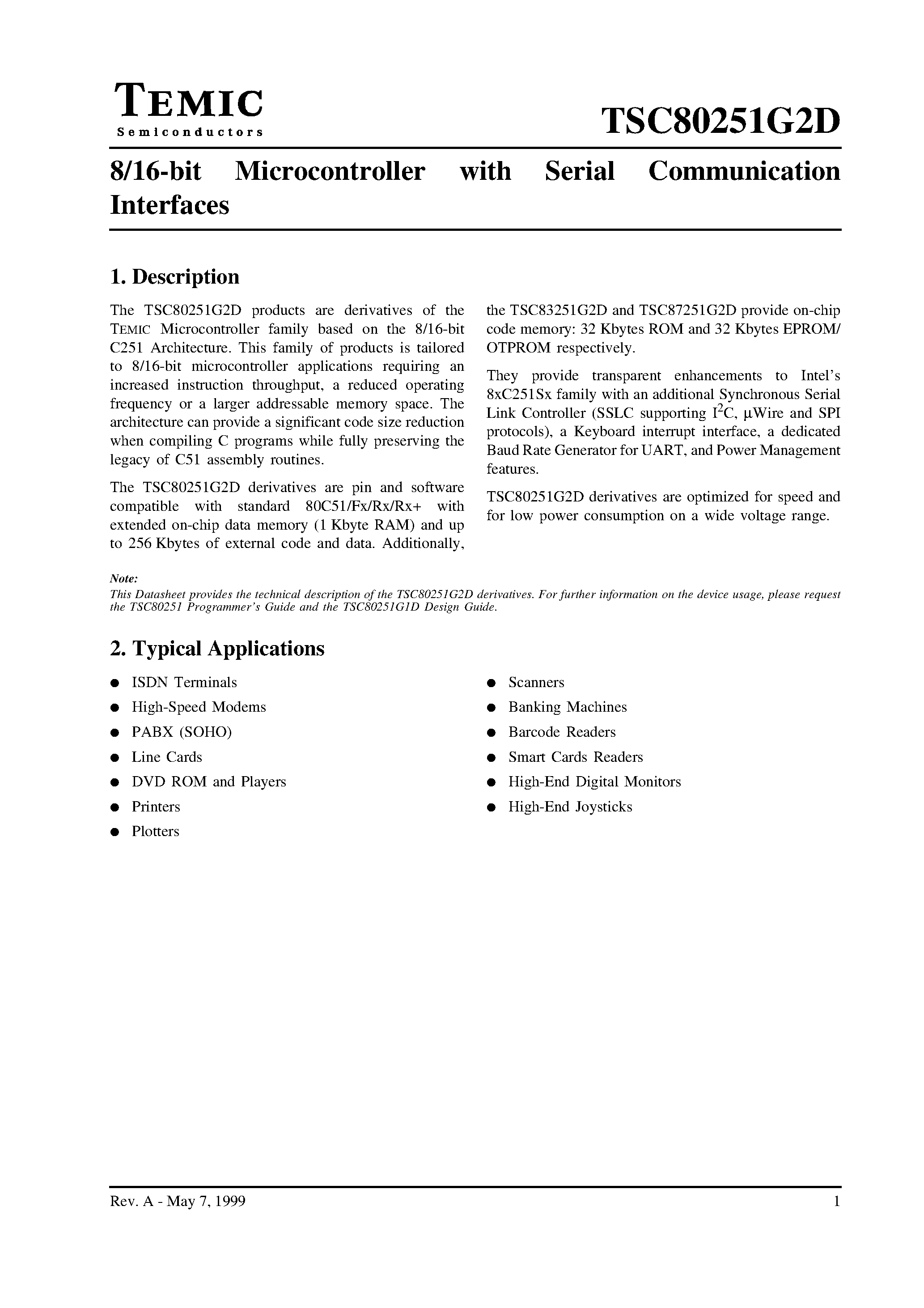 Datasheet TSC80251G2D - 8/16-bit Microcontroller with Serial Communication Interfaces page 1