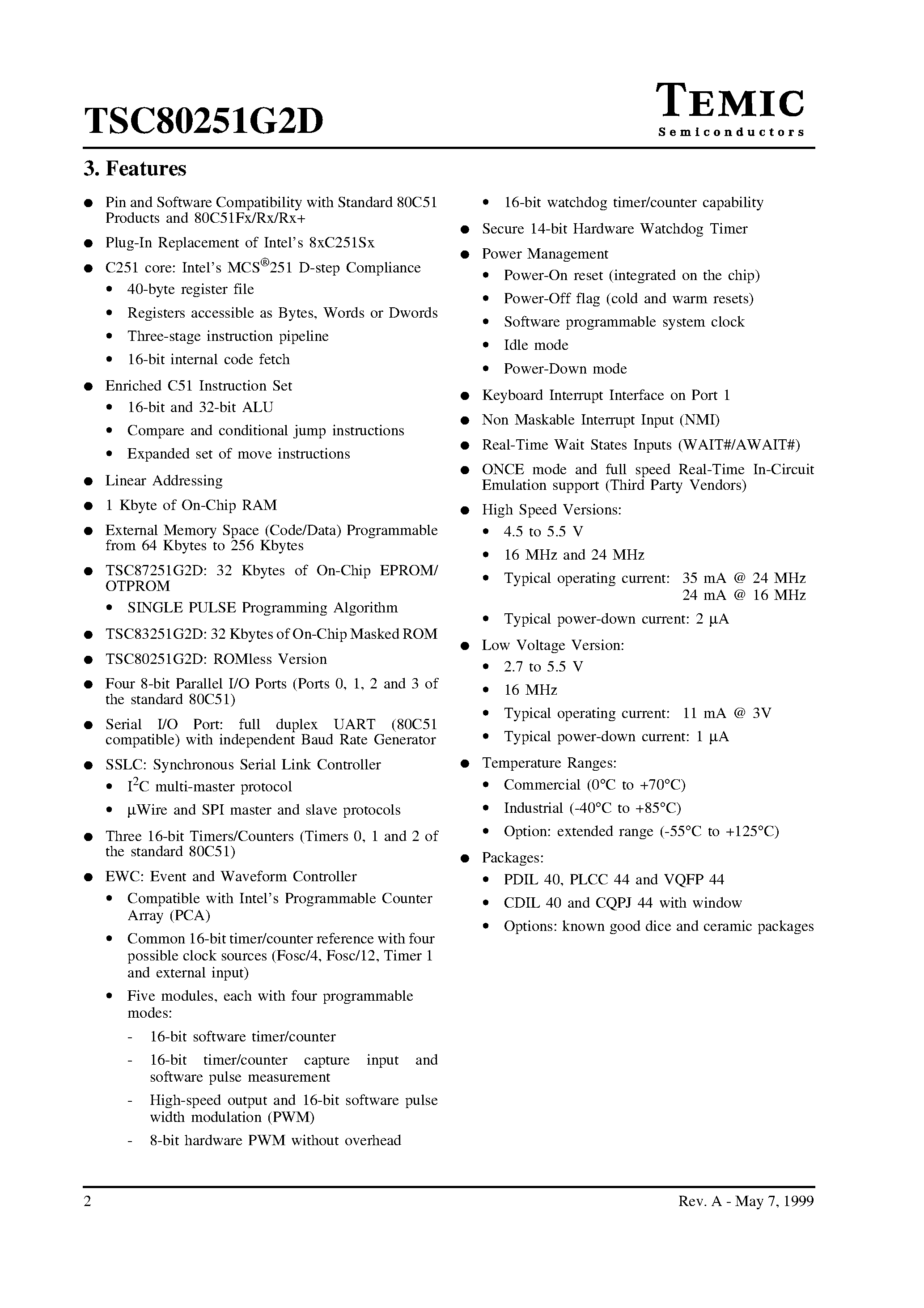 Datasheet TSC80251G2D - 8/16-bit Microcontroller with Serial Communication Interfaces page 2