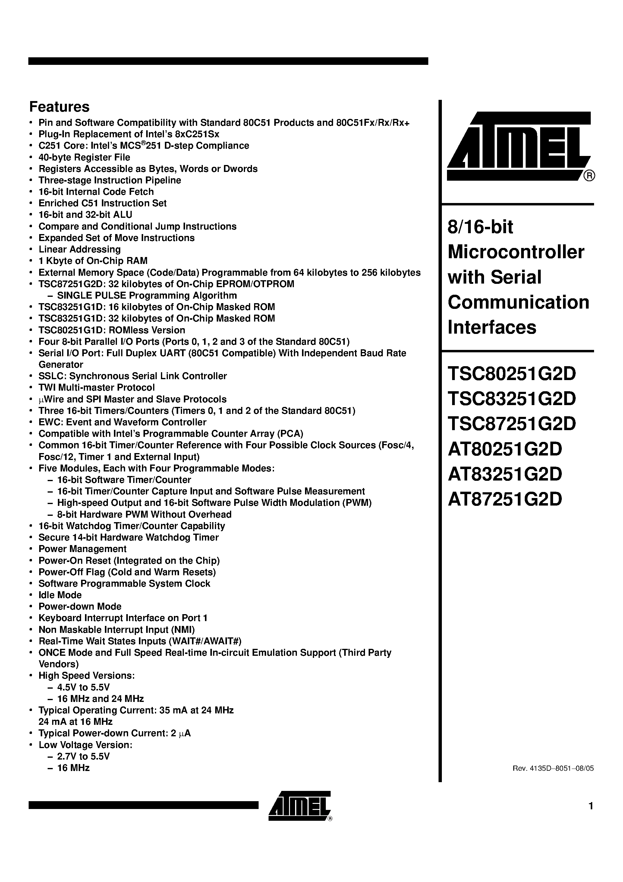 Datasheet TSC80251G2D - 8/16-BIT MICROCONTROLLER WITH SERIAL COMMUNICATION INTERFACES page 1