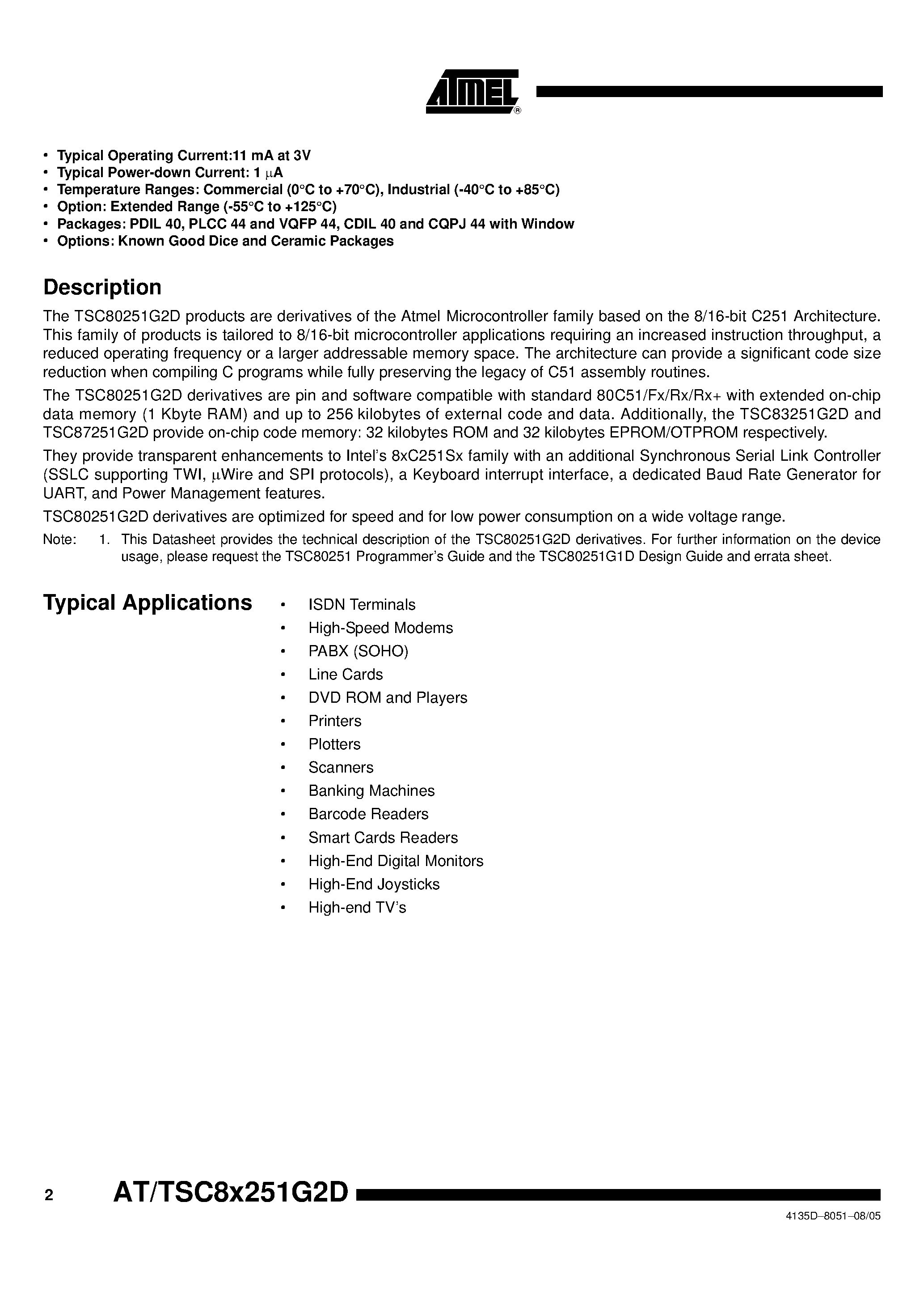 Datasheet TSC80251G2D - 8/16-BIT MICROCONTROLLER WITH SERIAL COMMUNICATION INTERFACES page 2