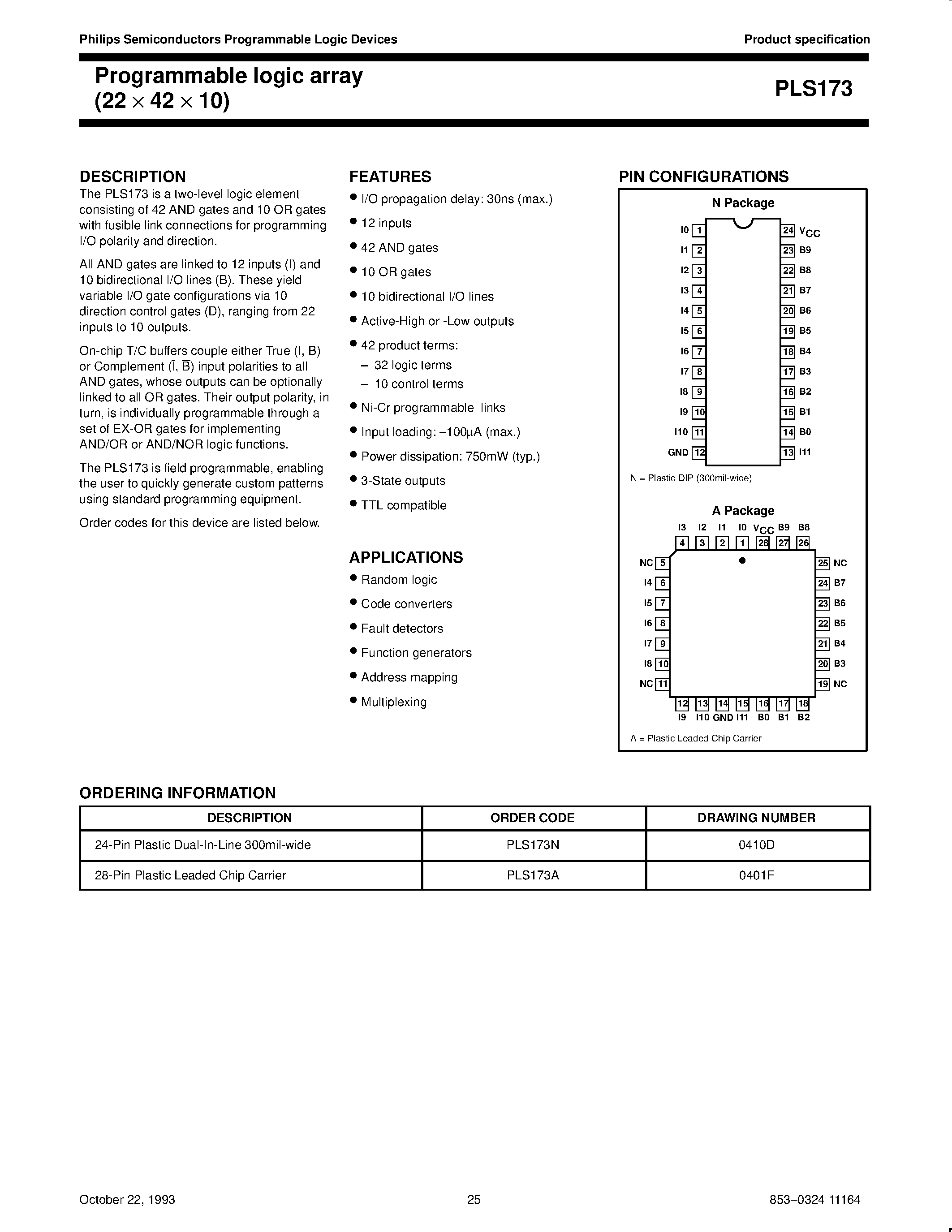Datasheet PLS173 - Programmable logic array 22 x 42 x 10 page 1