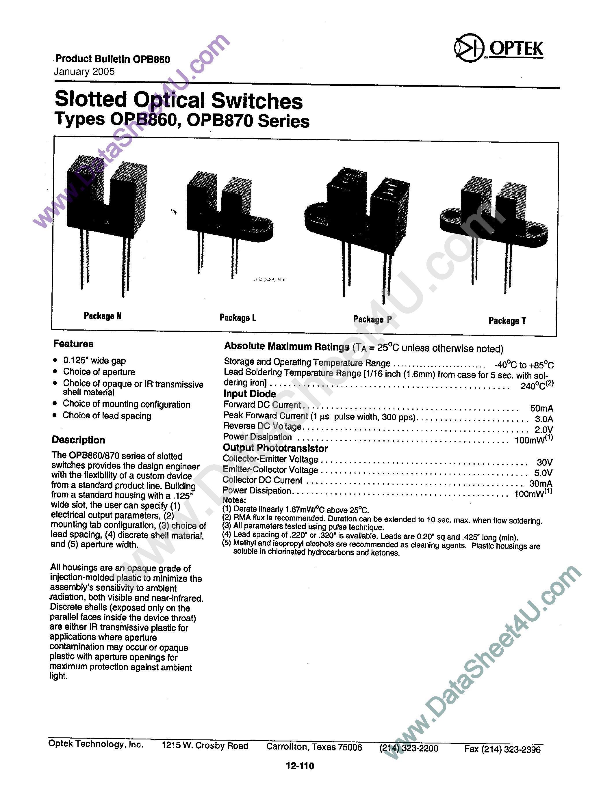 Даташит на микросхему OPB860 страница 1 Даташит OPB860 - (OPB860 / OPB870 Series) Slotted Optical Switches страница 1