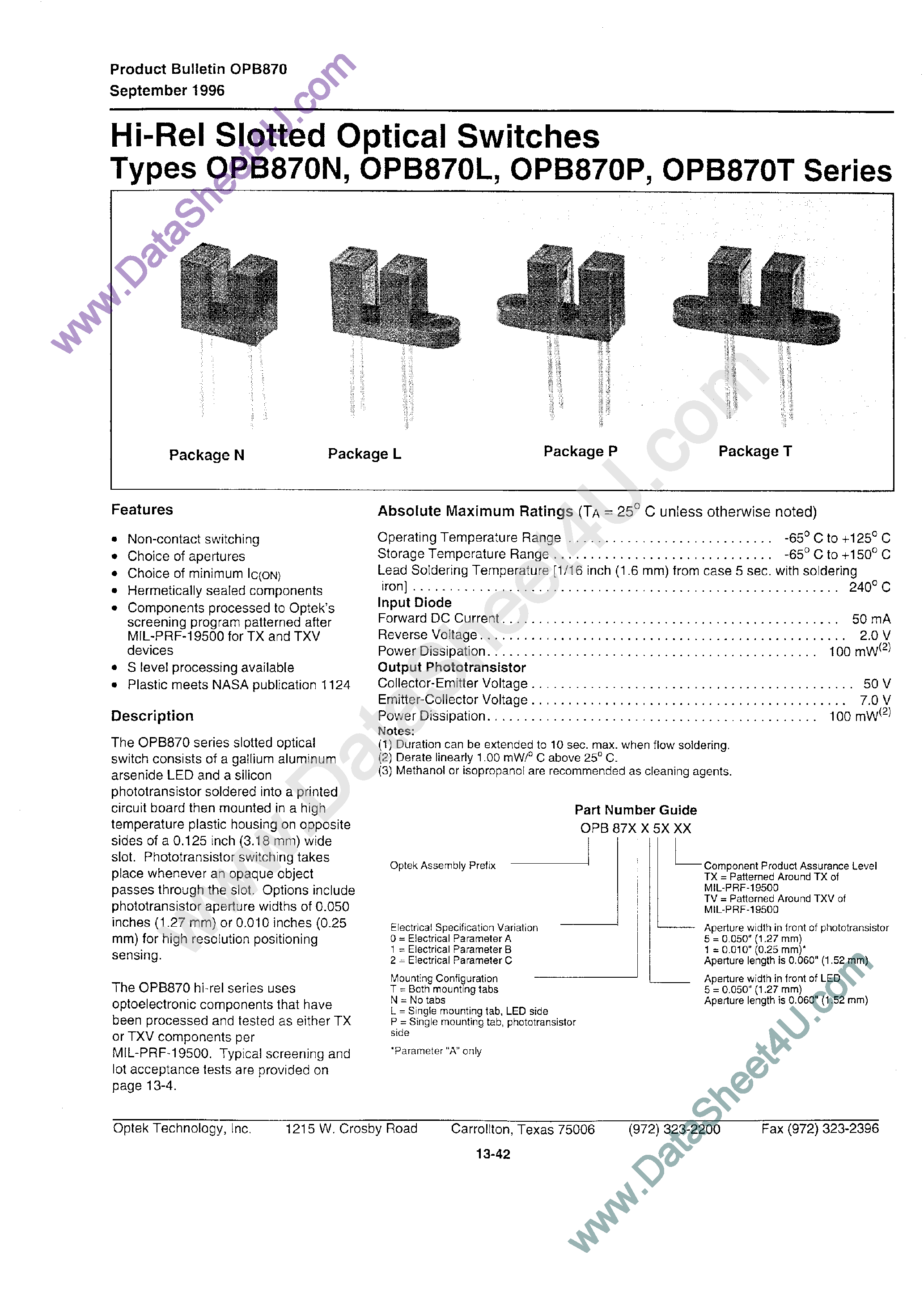 Datasheet OPB870L page 1 Datasheet OPB870L - (OPB870 Series) Hi-rel slotted optical switch page 1