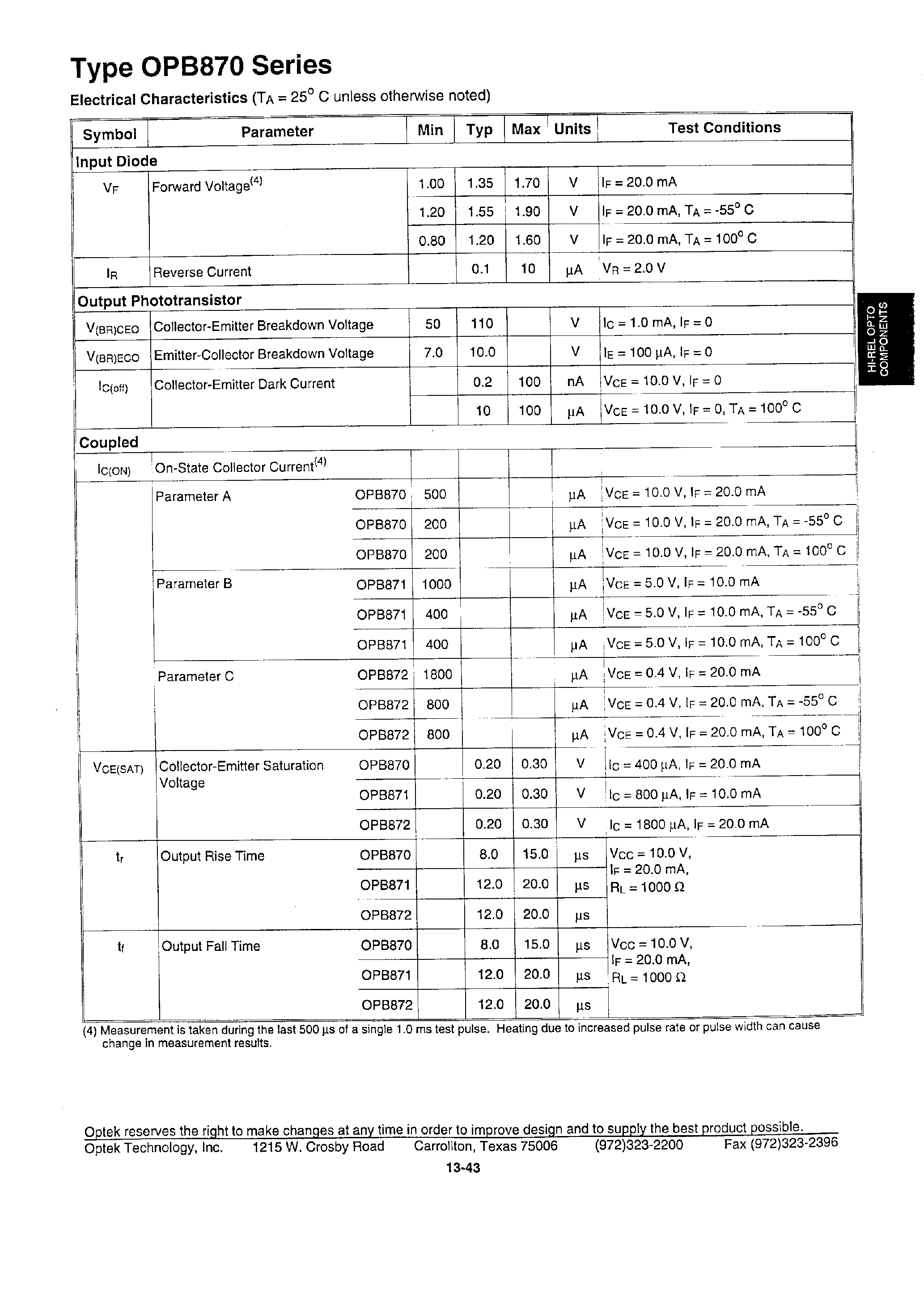Datasheet OPB870L page 2 Datasheet OPB870L - (OPB870 Series) Hi-rel slotted optical switch page 2