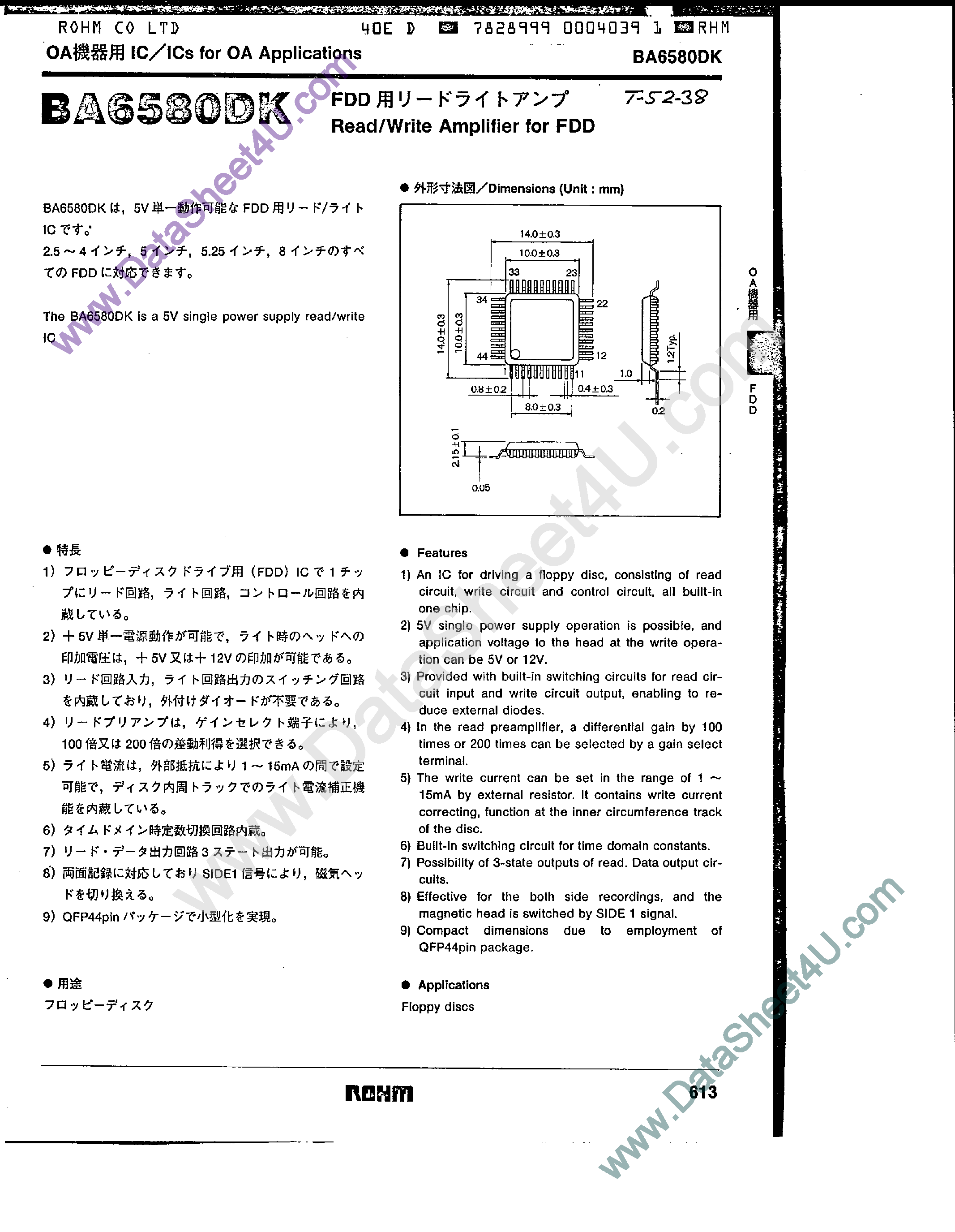 Datasheet BA6580DK - Read/Write Amplifier for FDD page 1