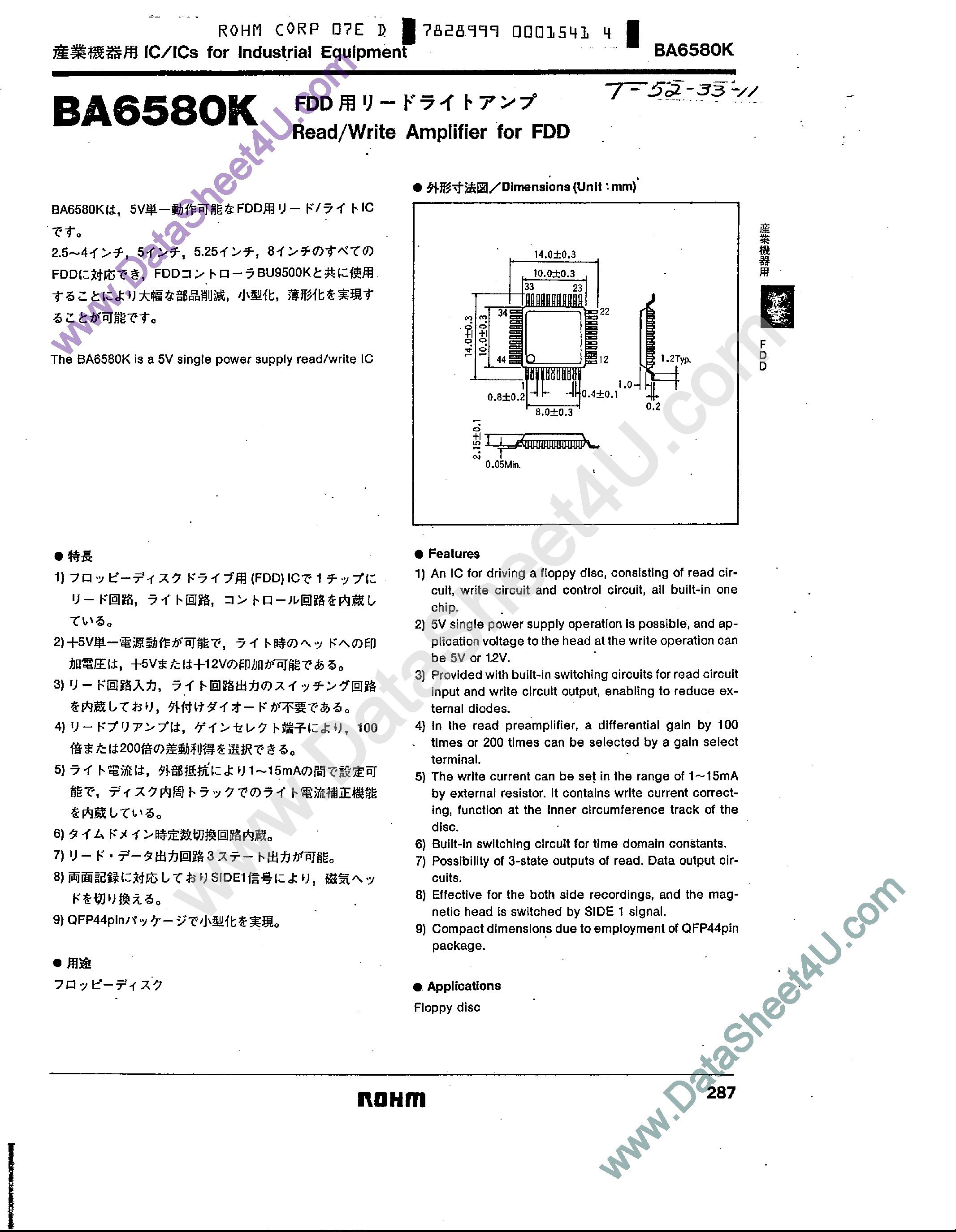 Datasheet BA6580K page 1 Datasheet BA6580K - Read/Write Amplifier for FDD page 1