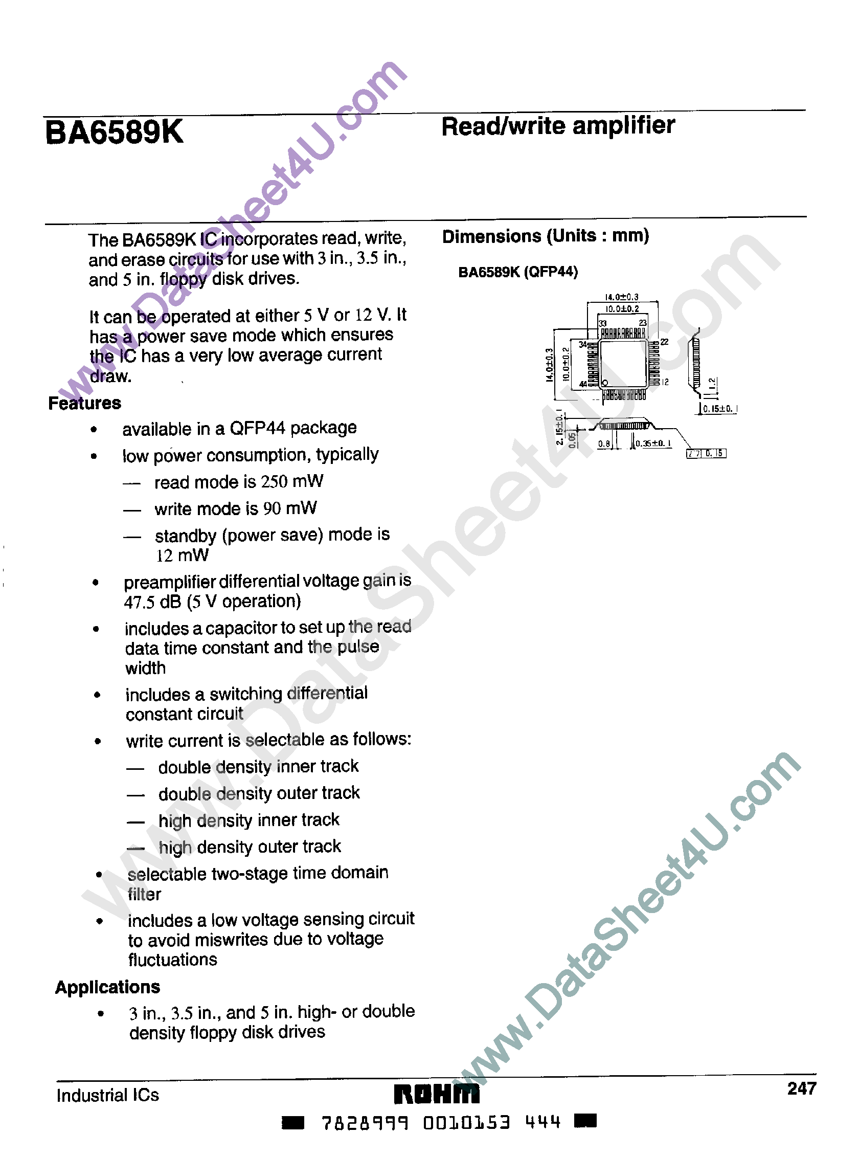 Datasheet BA6589K page 1 Datasheet BA6589K - Read/Write Amplifier for FDD page 1