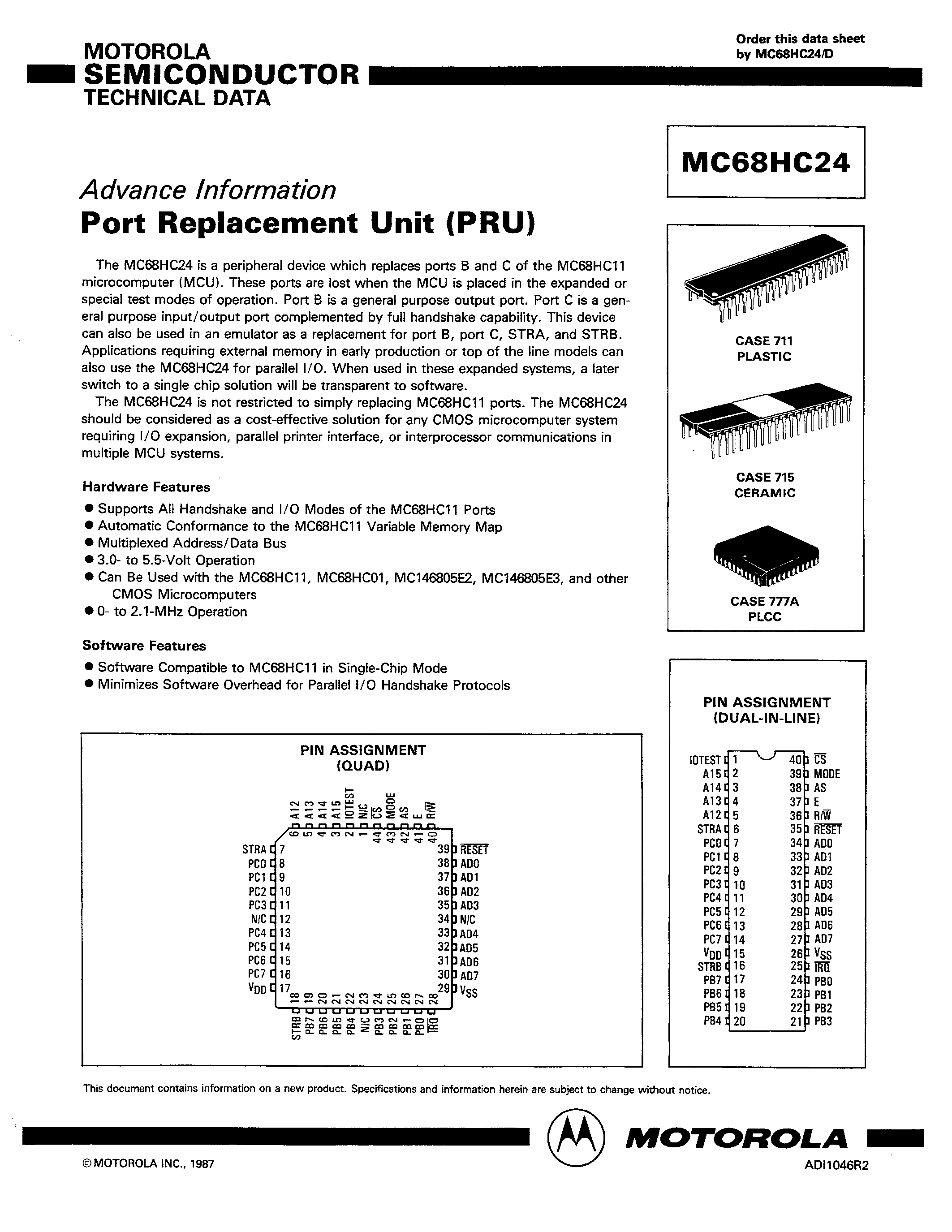 Даташит MC68HC24 - Port Replacement Unit страница 1