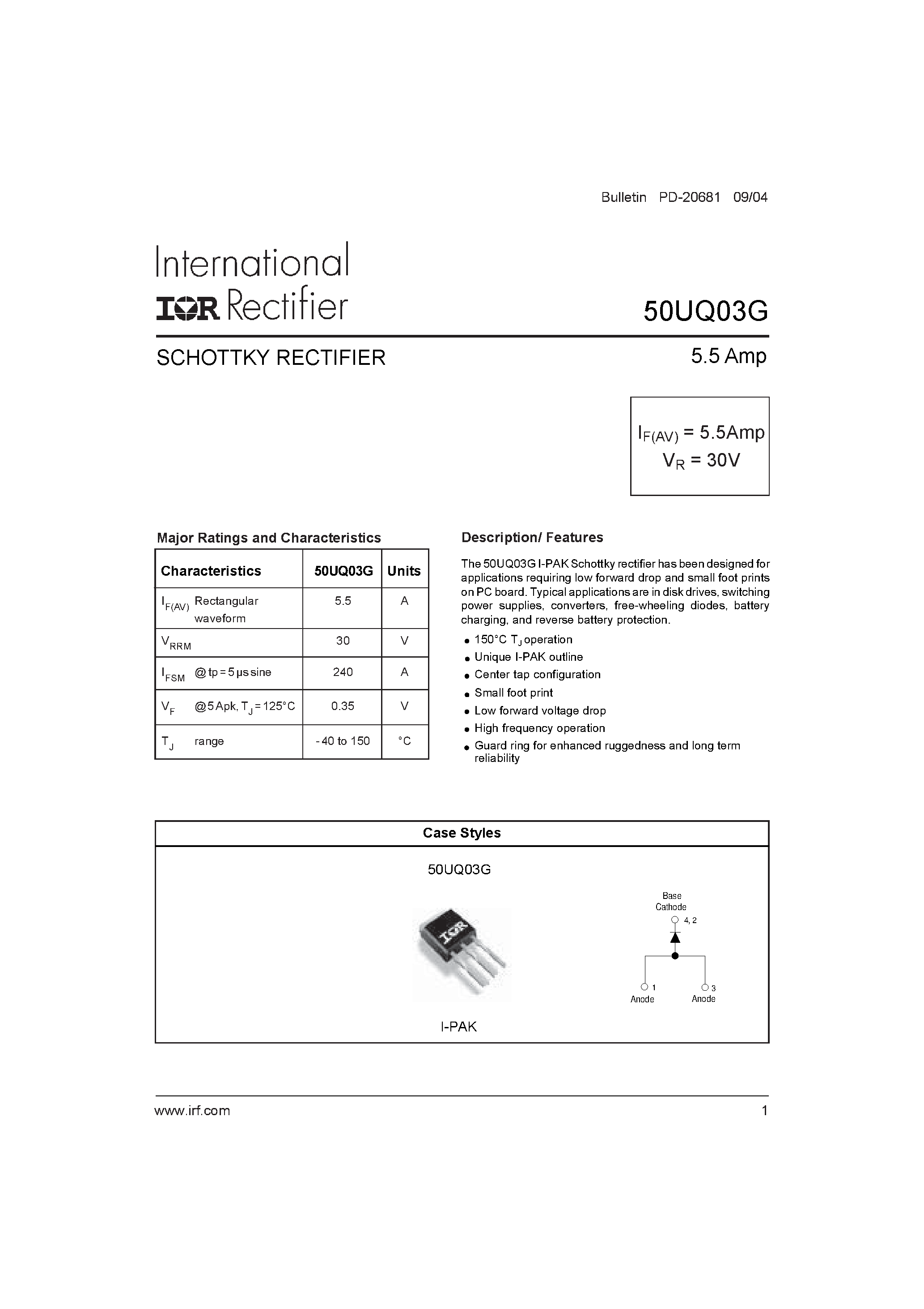 Datasheet 50UQ03G - SCHOTTKY RECTIFIER - 5.5 Ampv page 1