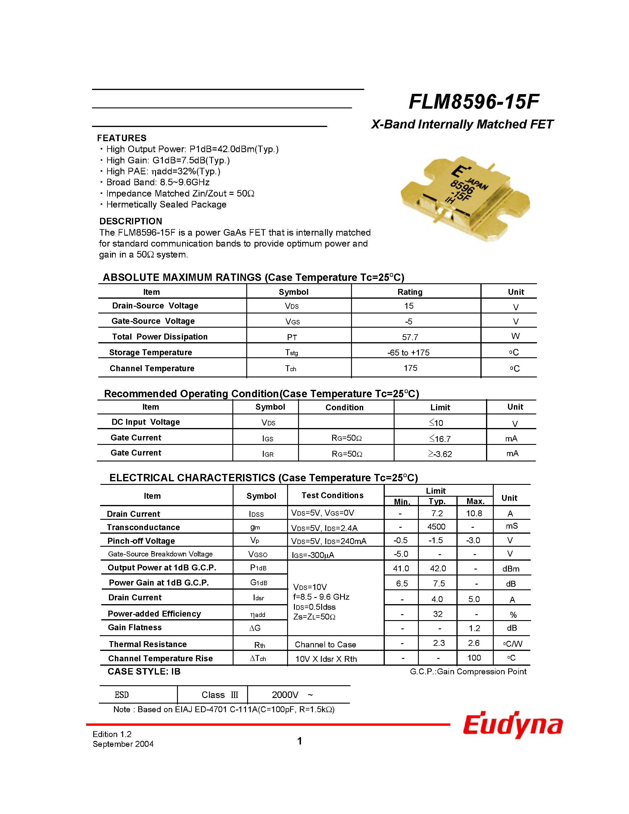 Даташит на микросхему FLM8596-15F страница 1 Даташит FLM8596-15F - X-Band Internally Matched FET страница 1