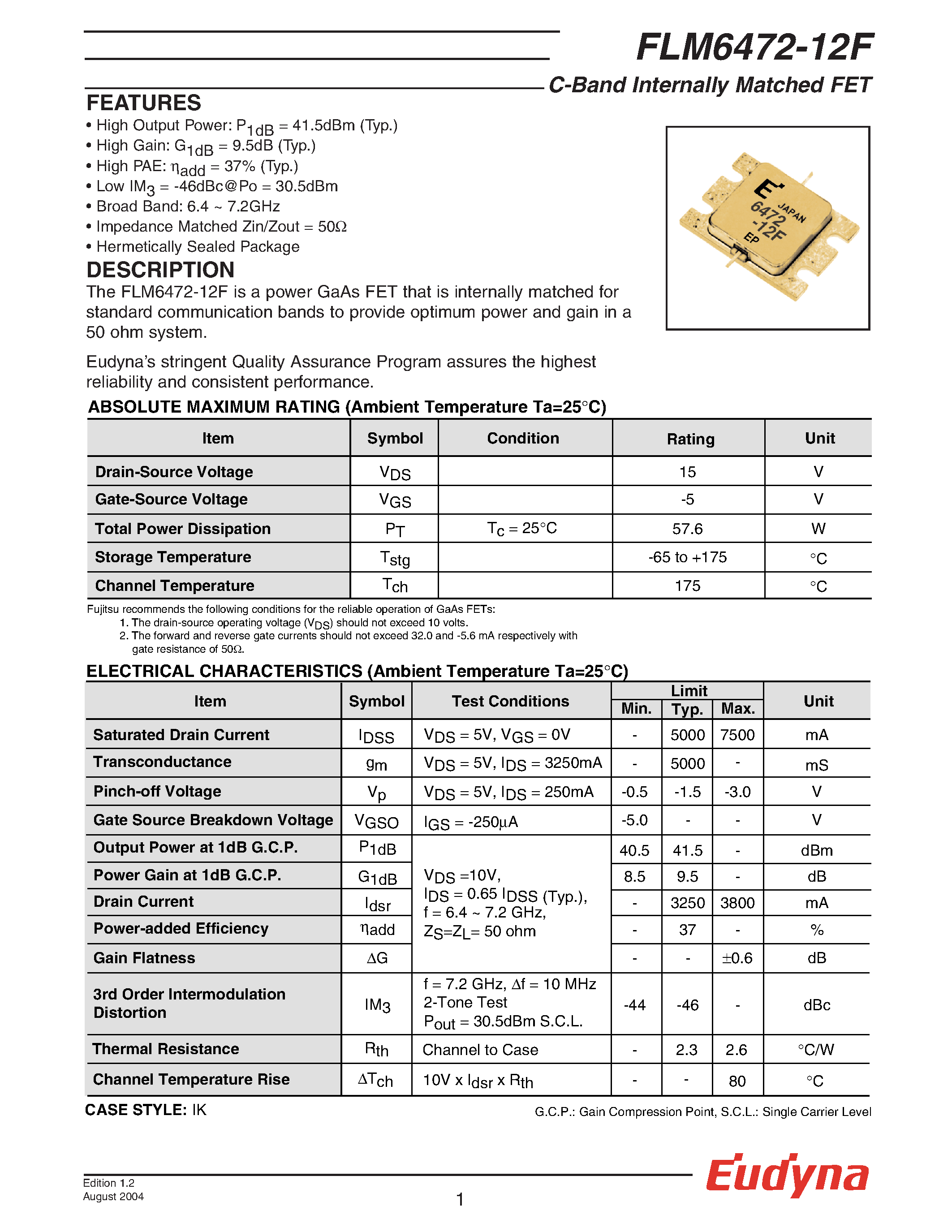 Даташит FLM6472-12F - C-Band Internally Matched FET страница 1