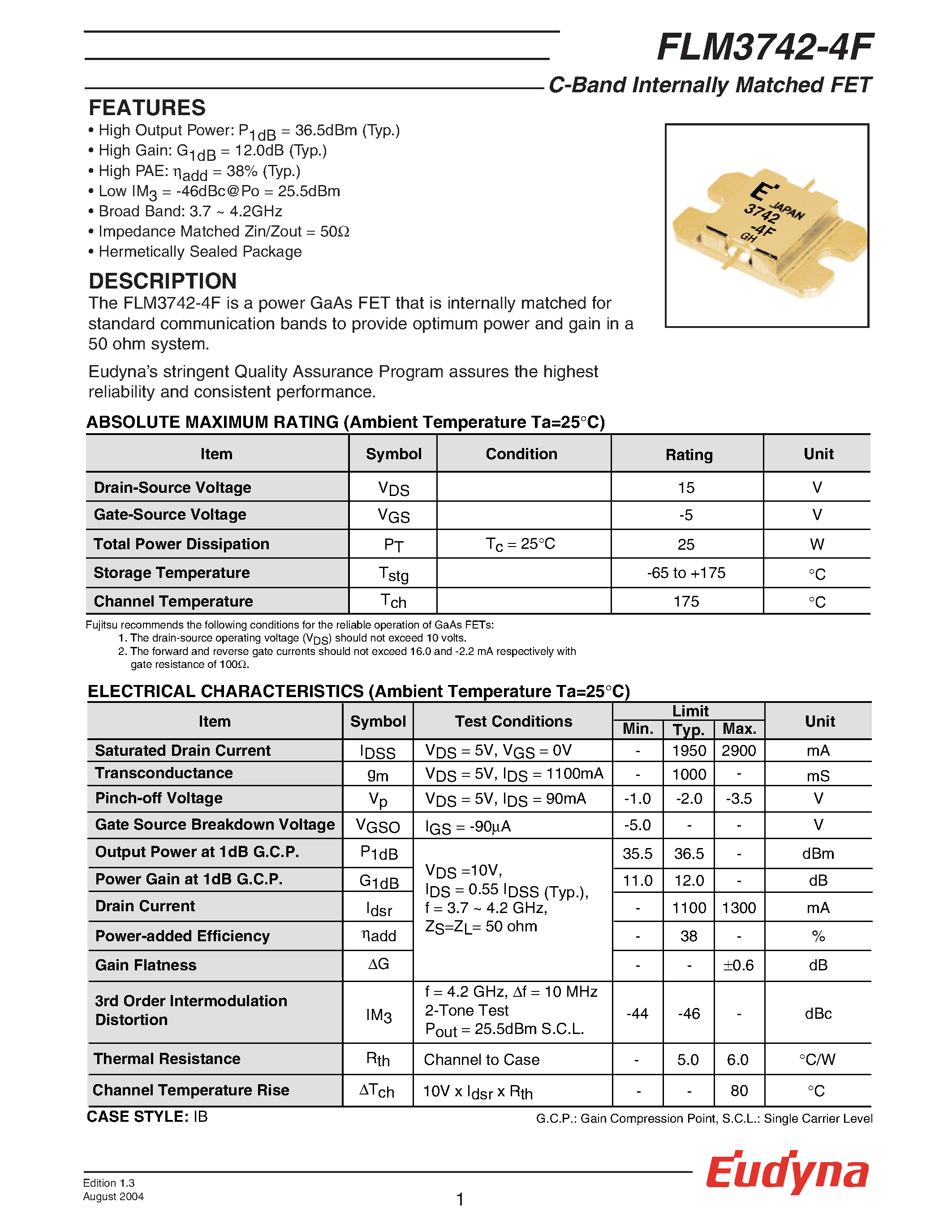Datasheet FLM3742-4F page 1 Datasheet FLM3742-4F - C-Band Internally Matched FET page 1