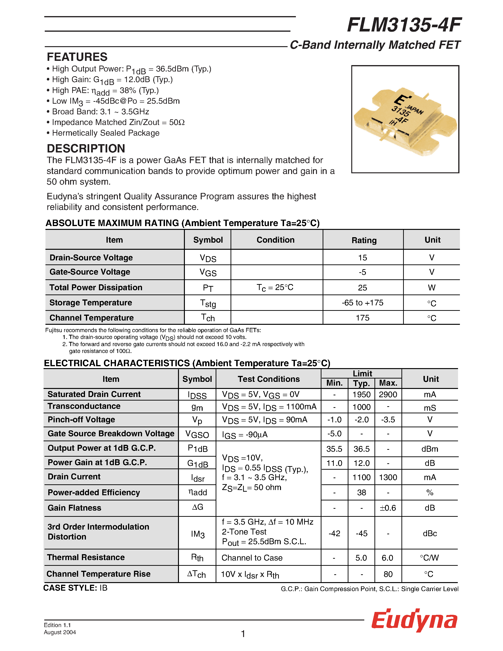 Datasheet FLM3135-4F page 1 Datasheet FLM3135-4F - C-Band Internally Matched FET page 1