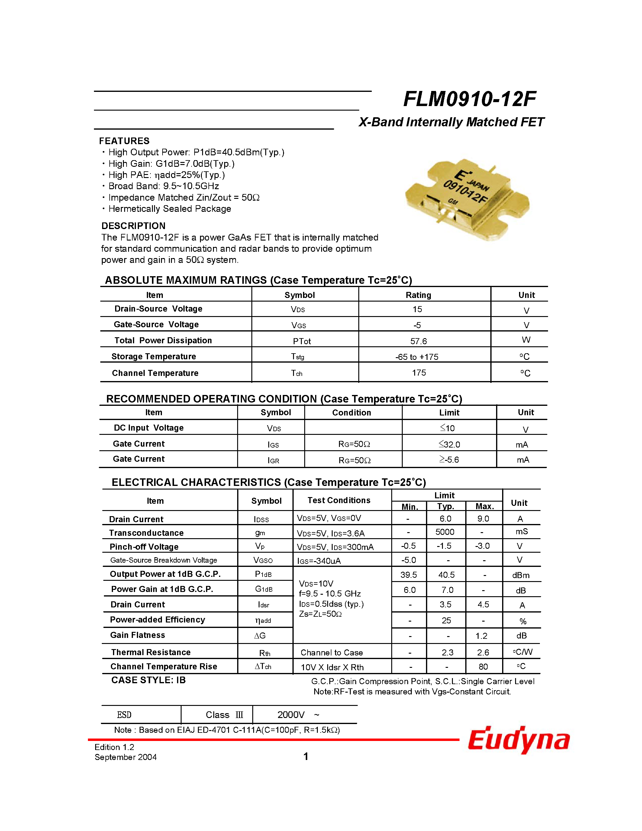 Даташит FLM0910-12F - X-Band Internally Matched FET страница 1
