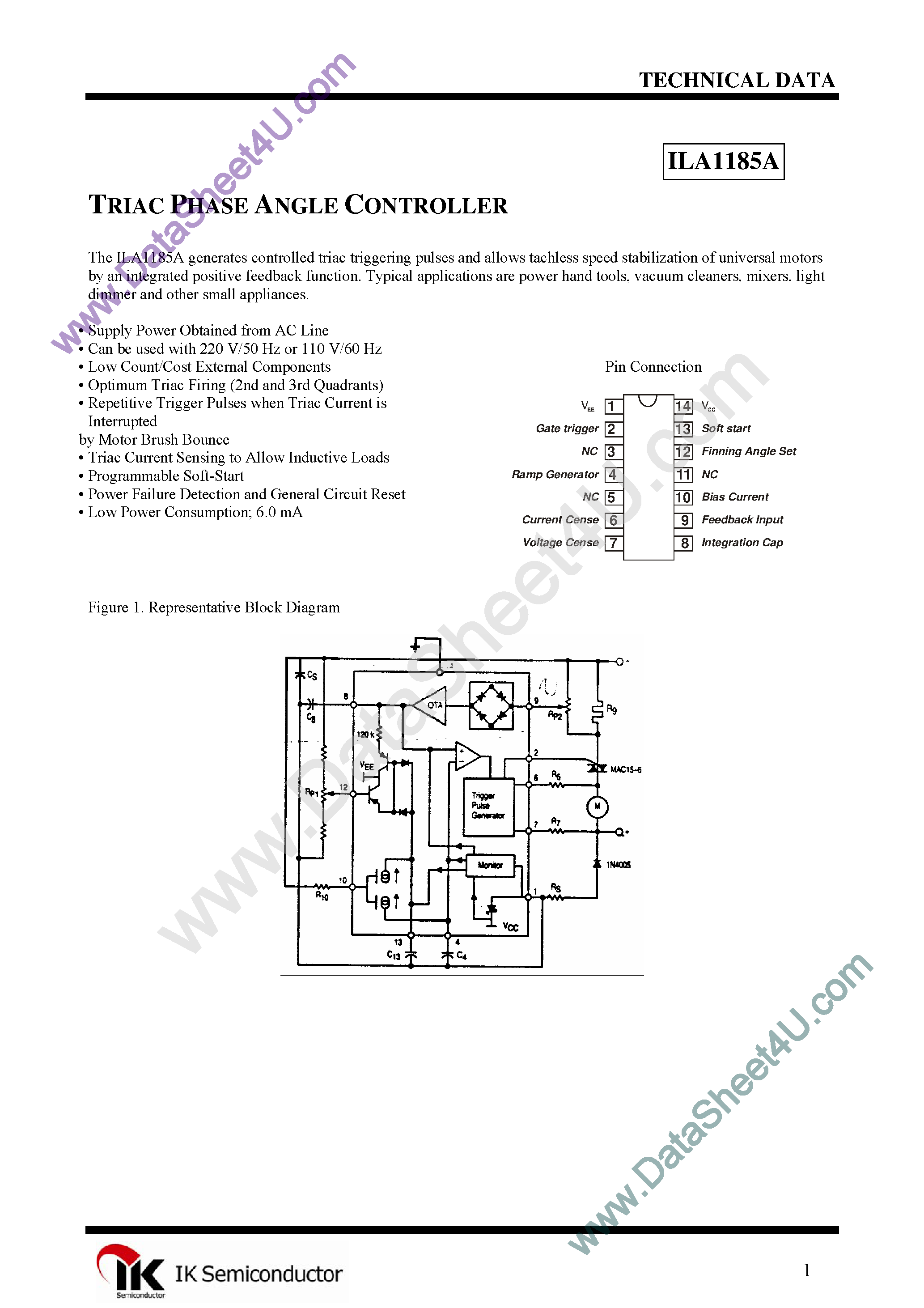 Datasheet ILA1185A - Triac Phase Angle Controller page 1