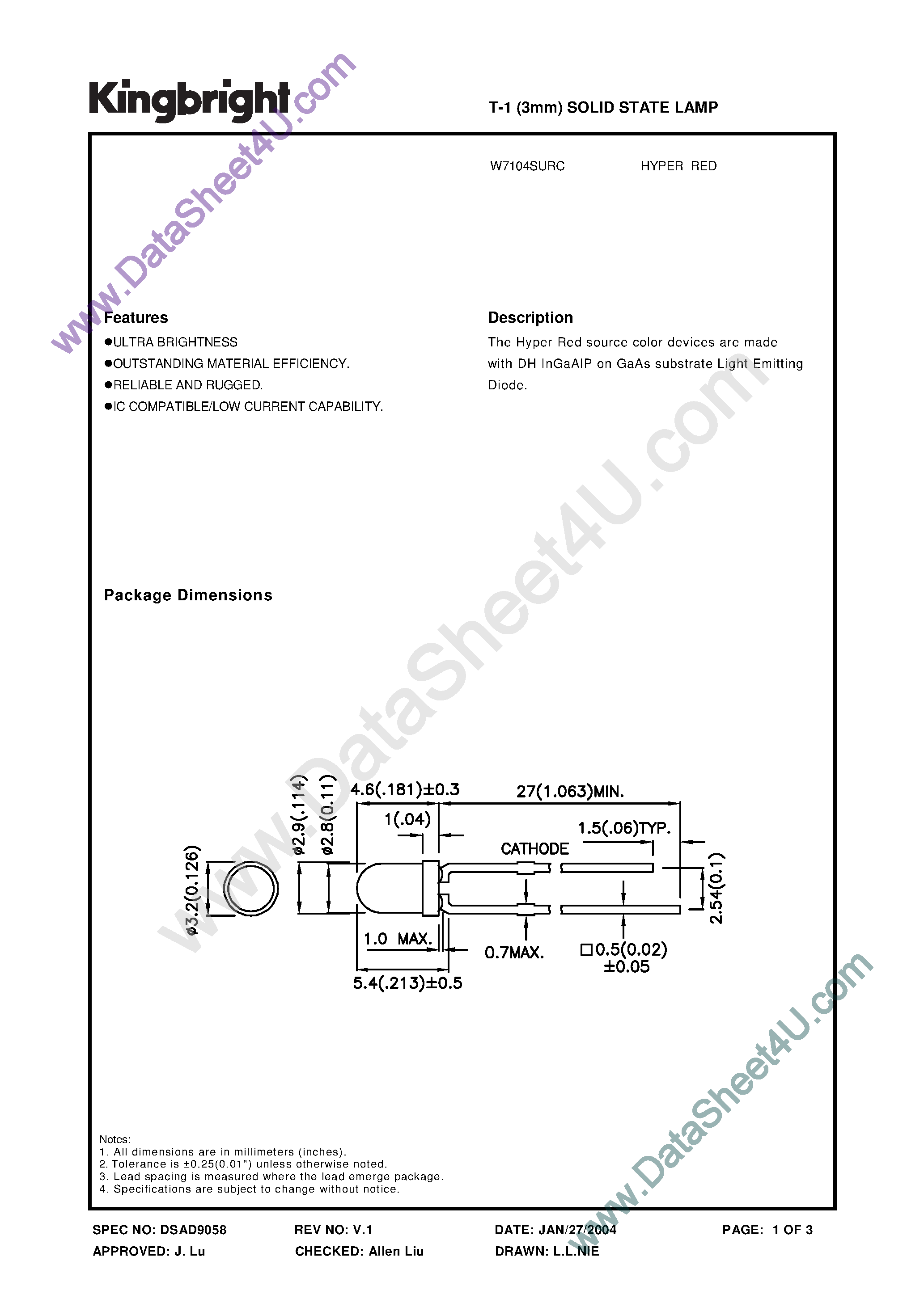 Даташит на микросхему W7104SURC страница 1 Даташит W7104SURC - T-1 Solid State Lamp страница 1