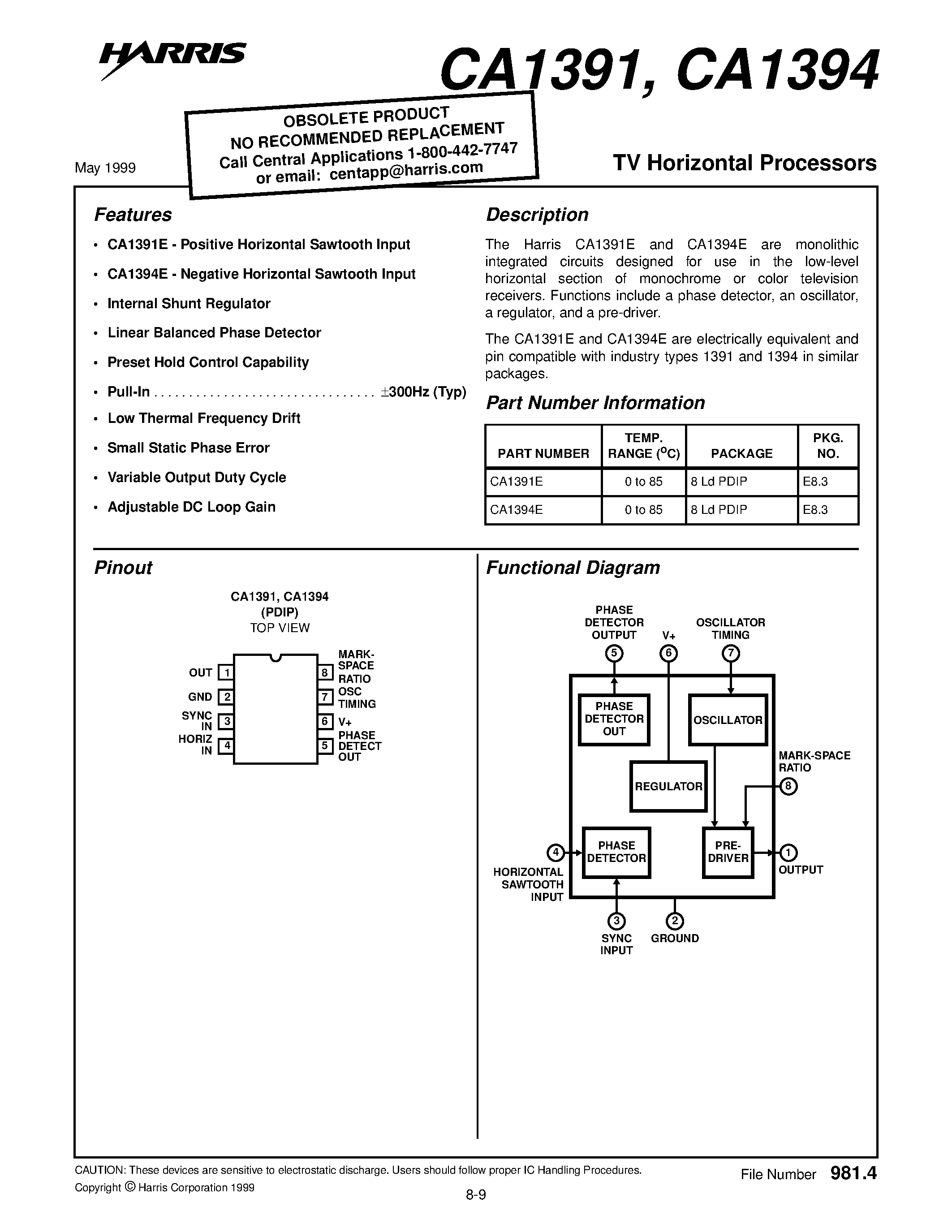 Datasheet CA1391 - (CA1391 / CA1394) TV Horizontal Processors page 1