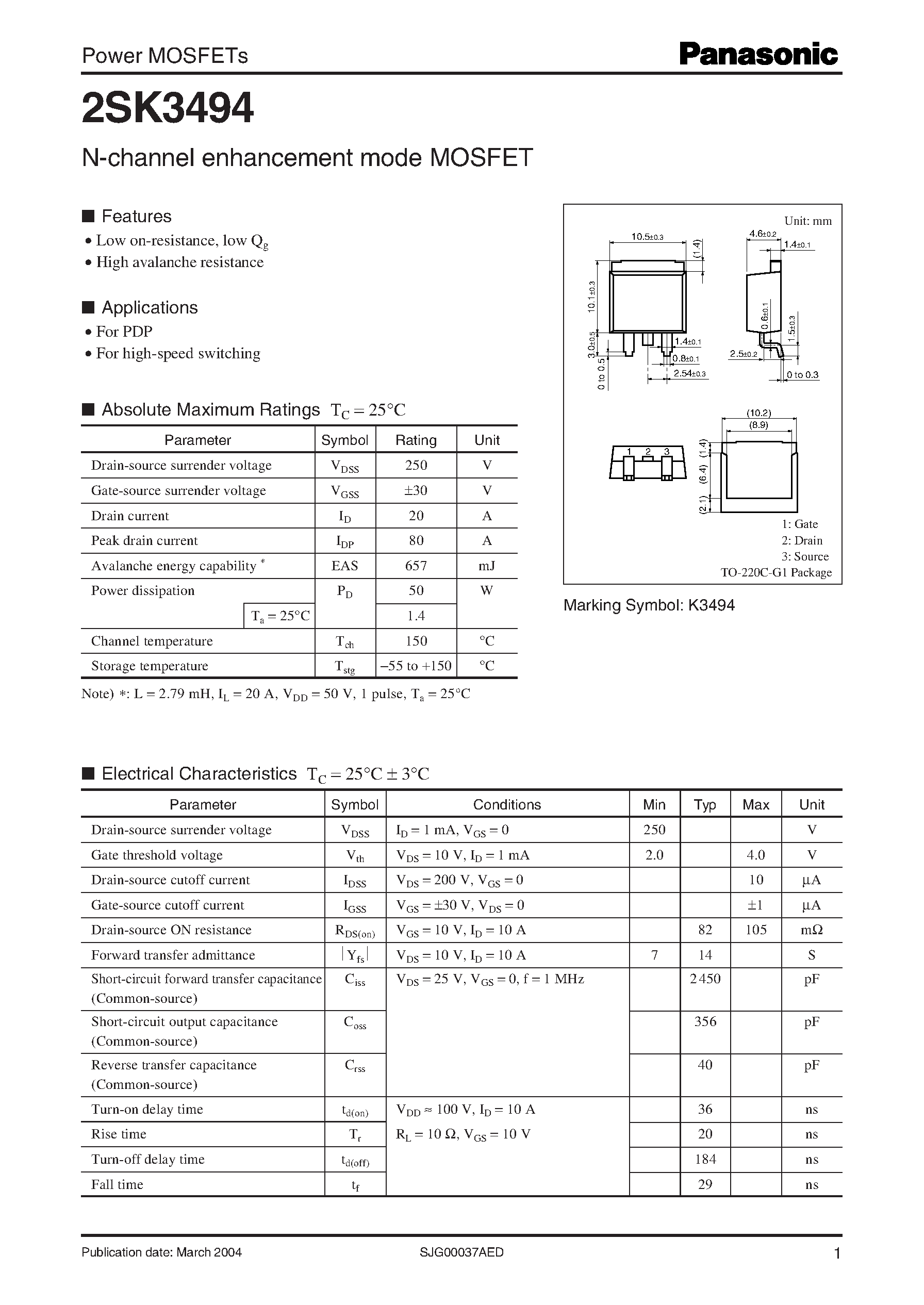 Datasheet 2SK3494 - N-channel enhancement mode MOSFET page 1