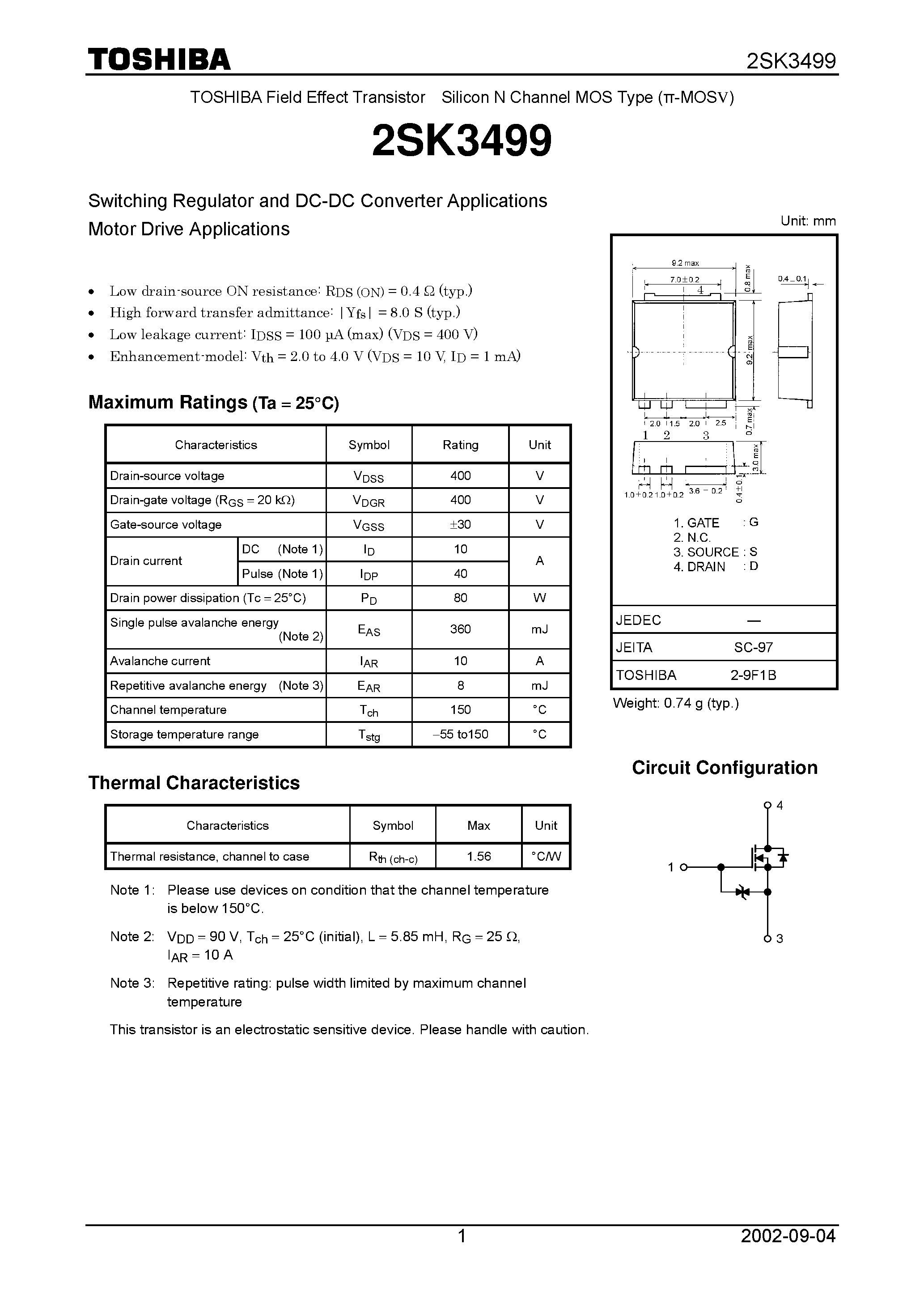Даташит 2SK3499 - Switching Regulator and DC-DC Converter Applications Motor Drive Applications страница 1