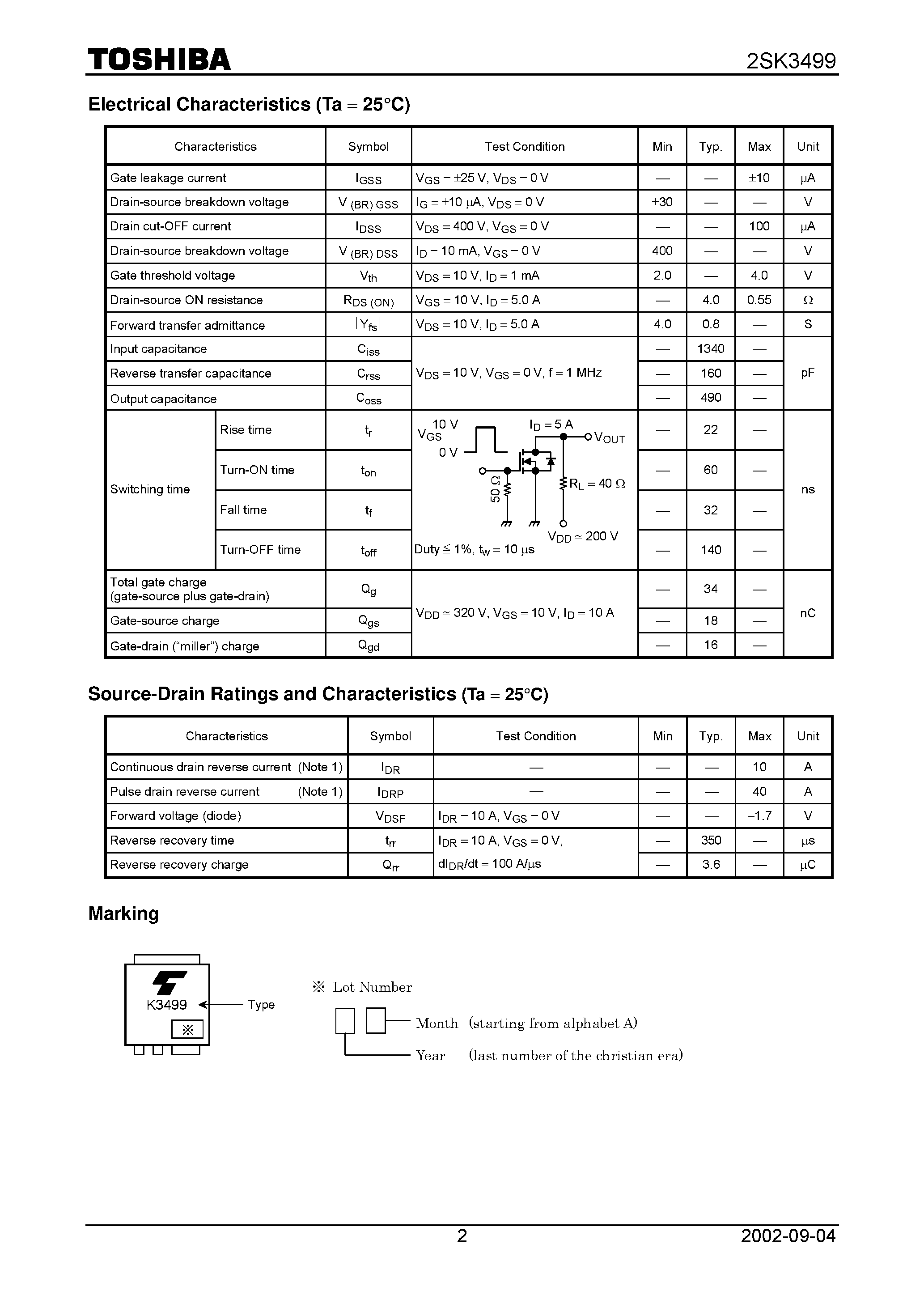 Даташит 2SK3499 - Switching Regulator and DC-DC Converter Applications Motor Drive Applications страница 2