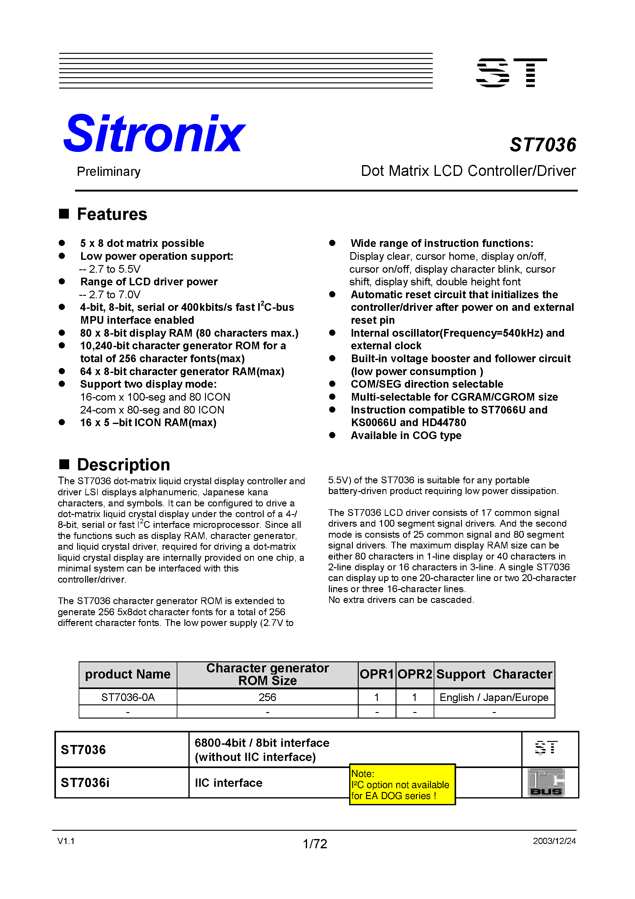 Datasheet ST7036 page 1 Datasheet ST7036 - Dot Matrix LCD Controller/Driver page 1