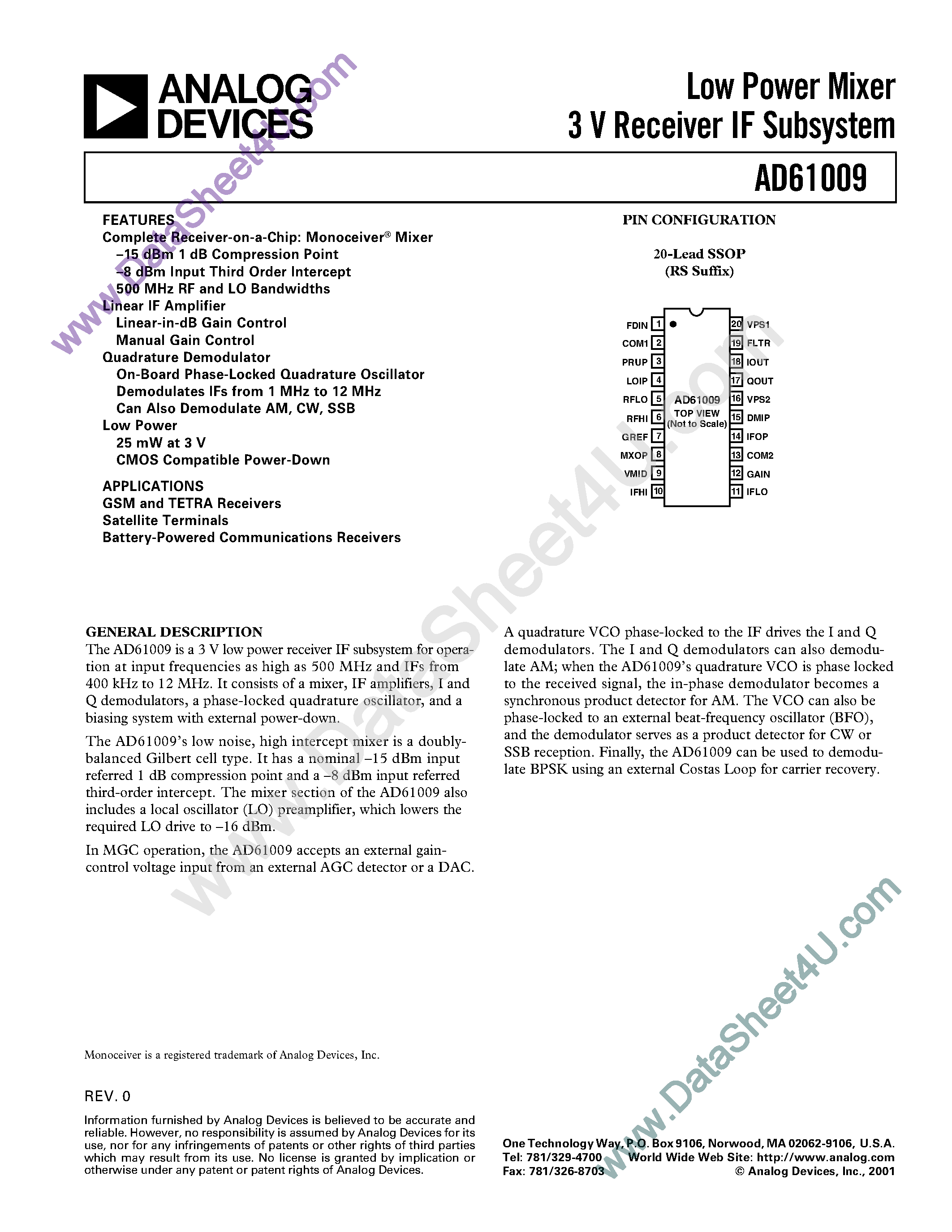 Datasheet AD61009 - Low Power Mixer 3V Receiver IF Subsystem page 1