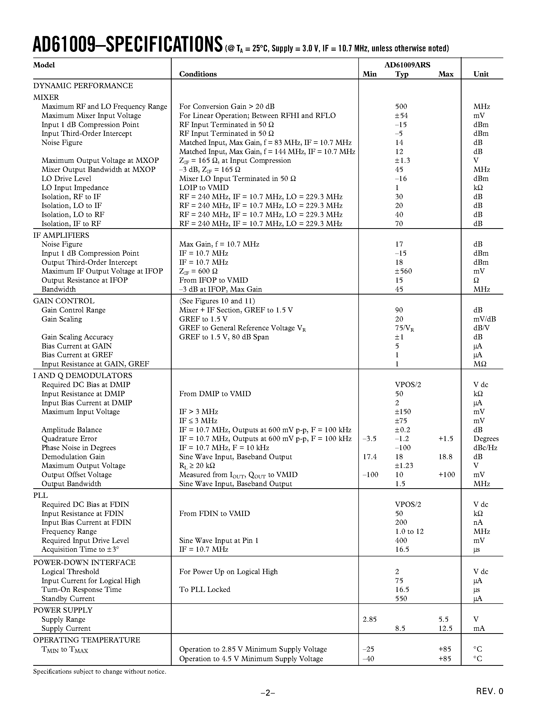 Datasheet AD61009 - Low Power Mixer 3V Receiver IF Subsystem page 2