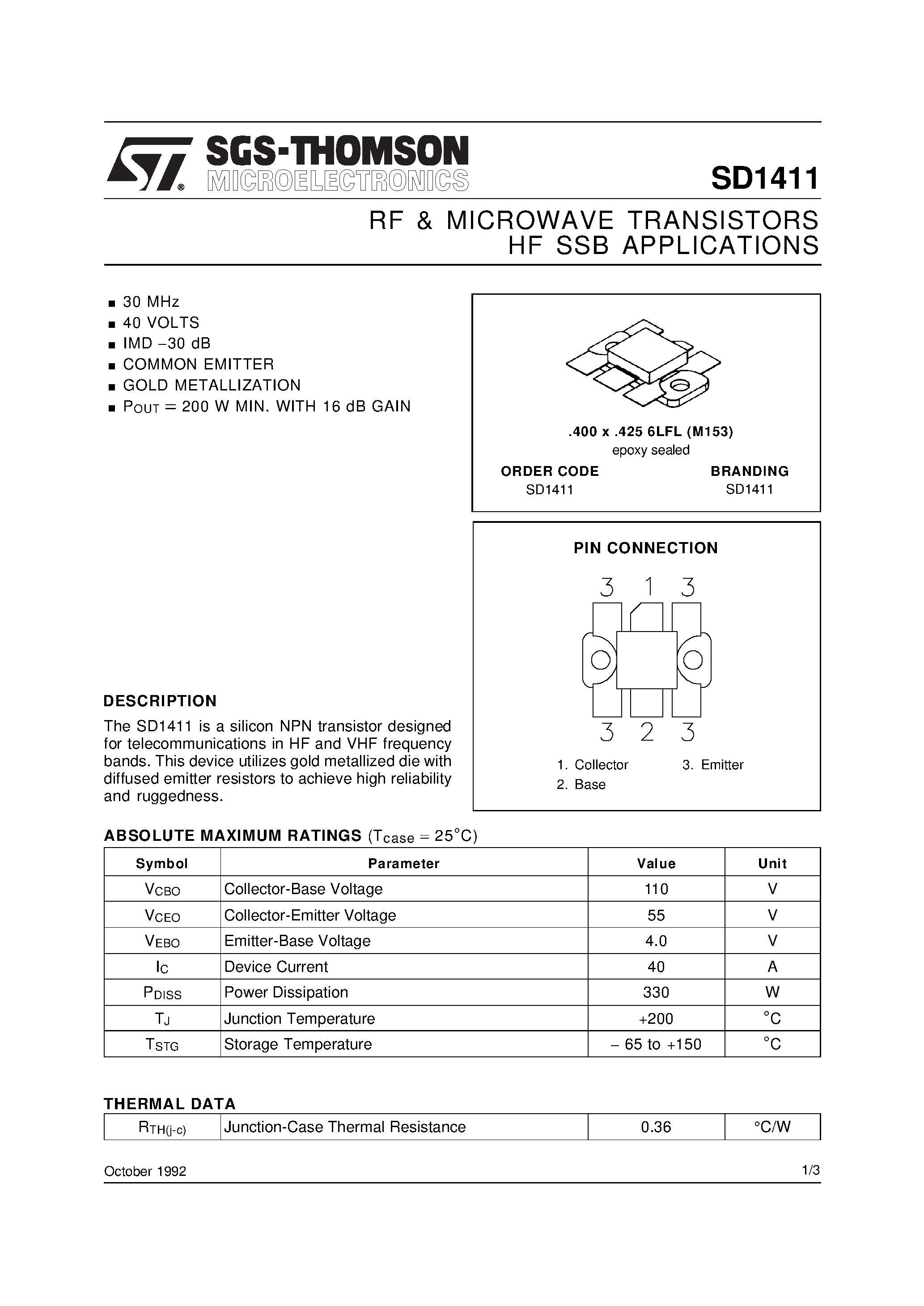 Datasheet SD1411 page 1 Datasheet SD1411 - RF & MICROWAVE TRANSISTORS HF SSB APPLICATIONS page 1