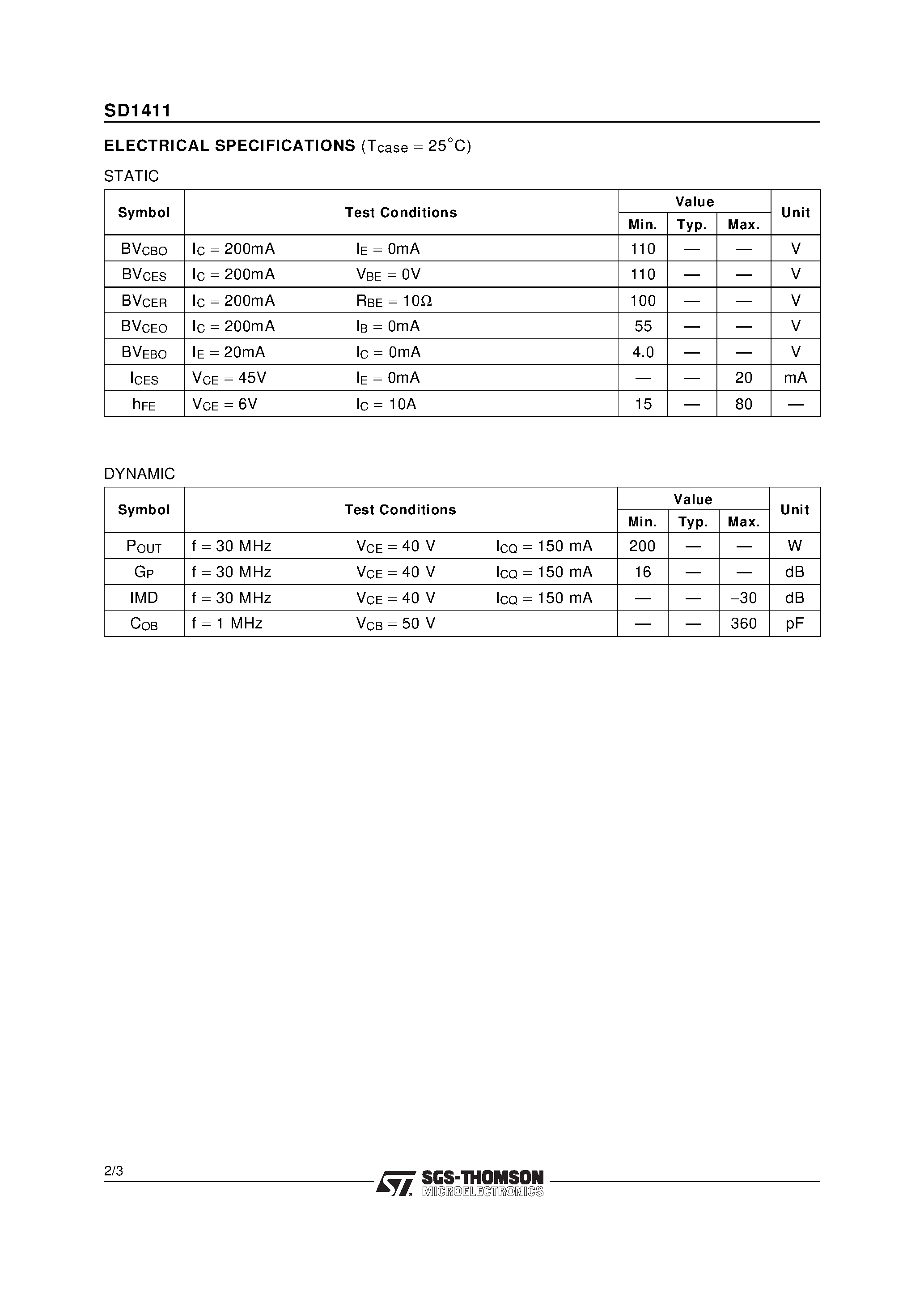 Datasheet SD1411 page 2 Datasheet SD1411 - RF & MICROWAVE TRANSISTORS HF SSB APPLICATIONS page 2
