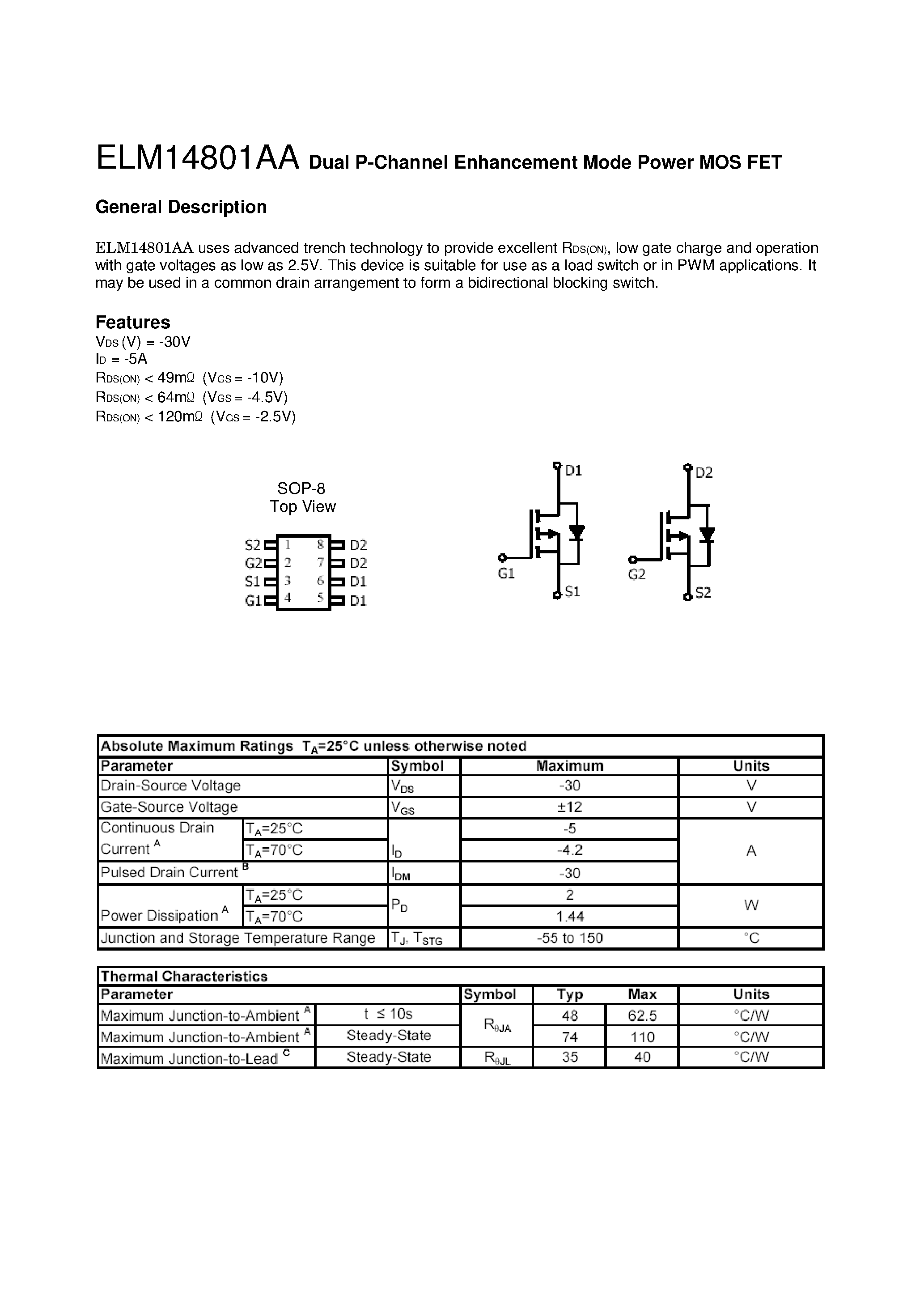 Datasheet ELM14801AA - Dual P-Channel Enhancement Mode Power MOS FET page 1