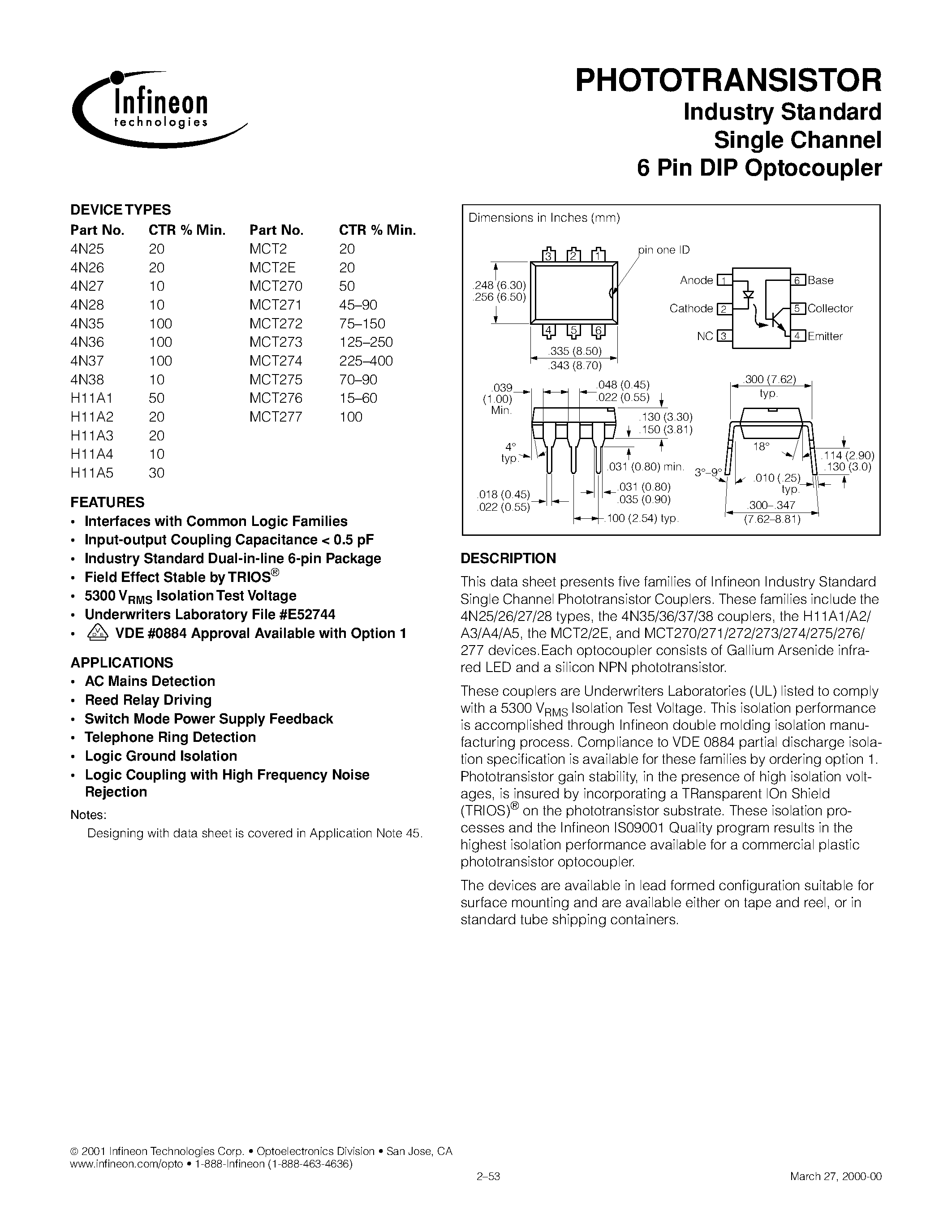 Даташит MCT270 - (MCT270 - MCT277) Industry Standard Single Channel 6 Pin DIP Optocoupler страница 1