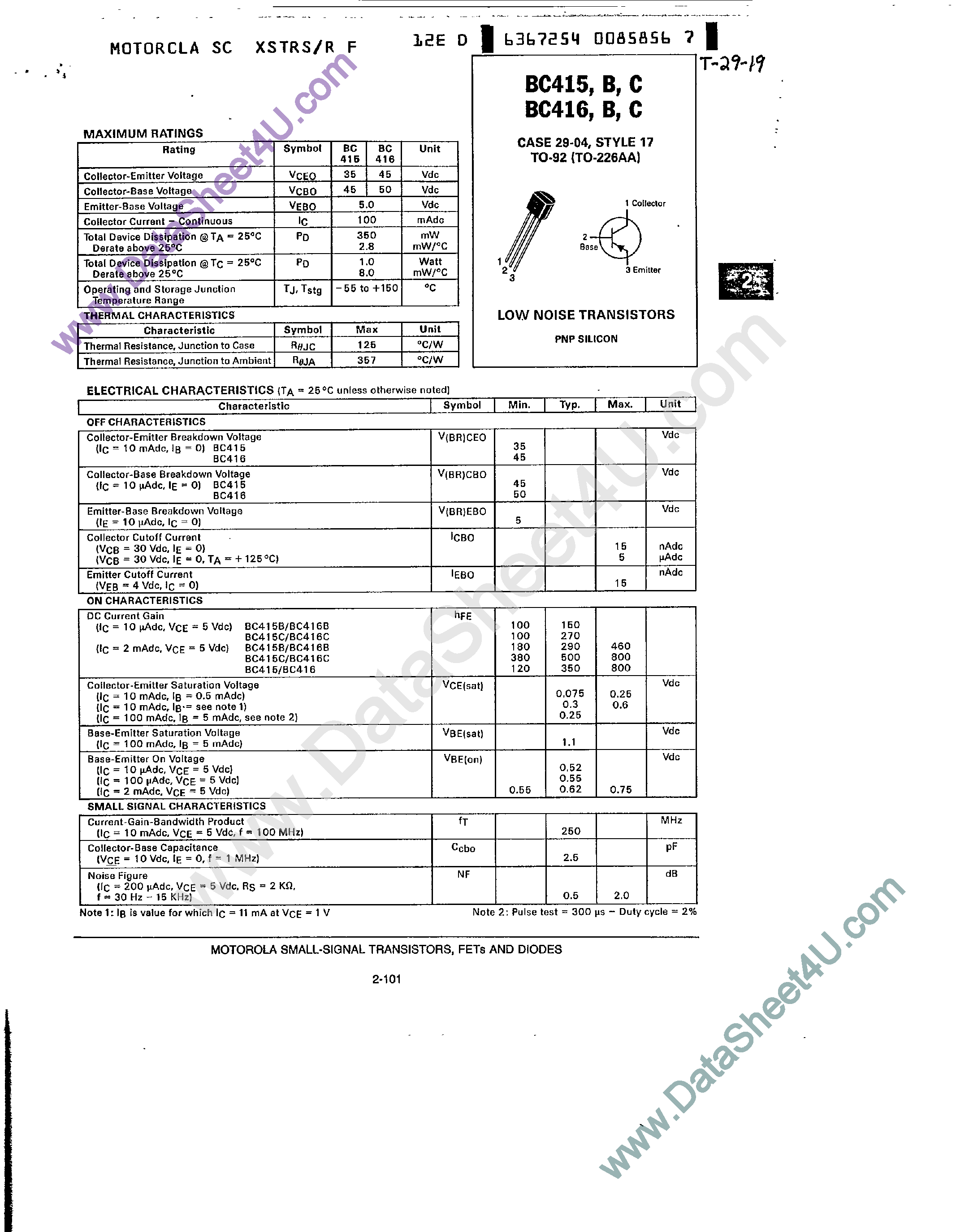 Даташит BC415 - (BC415 / BC416) Low Noise Transistors страница 1